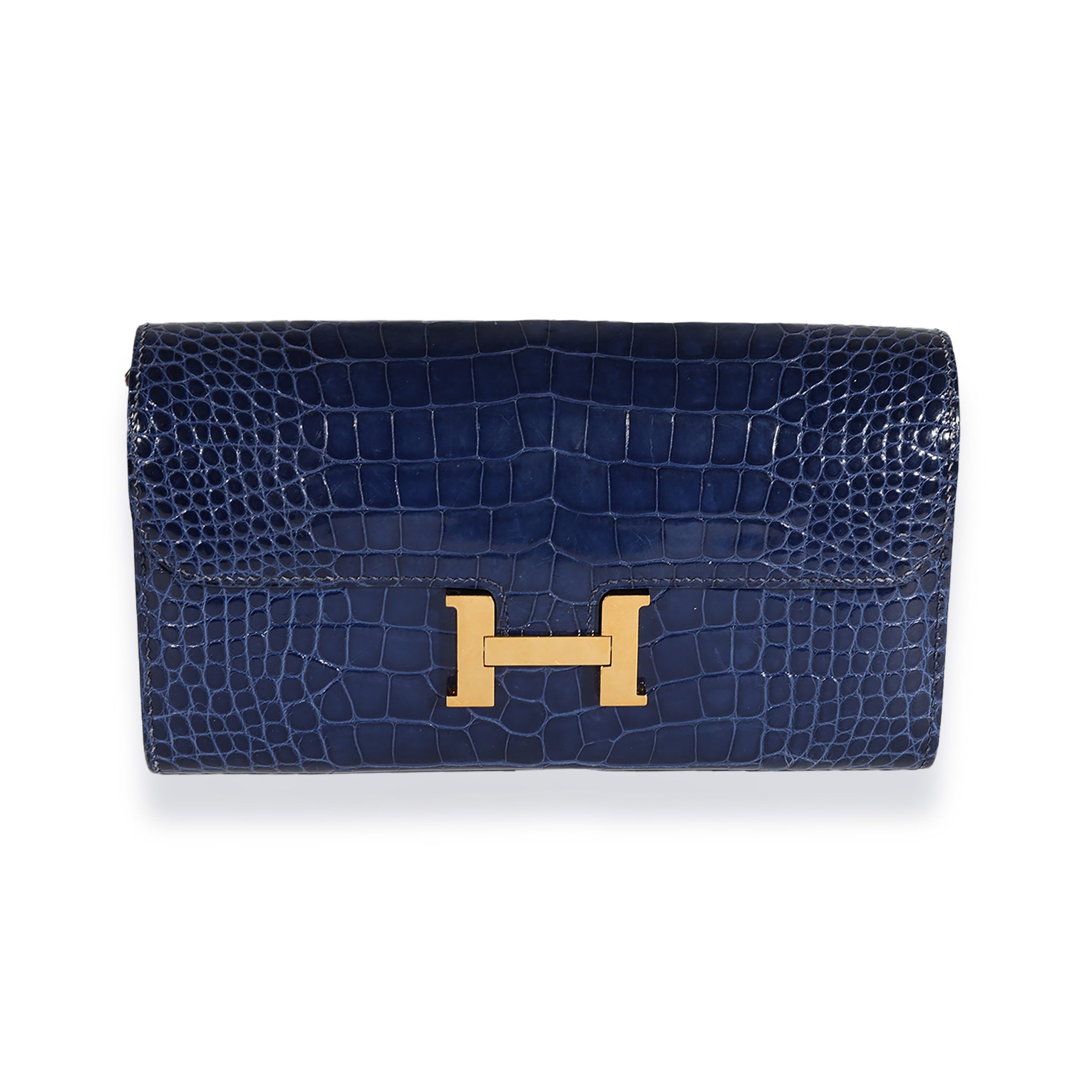 image of Hermes Bleu Saphir & Bleu Paon Shiny Alligator Constance Wallet Ghw in Blue, Women's