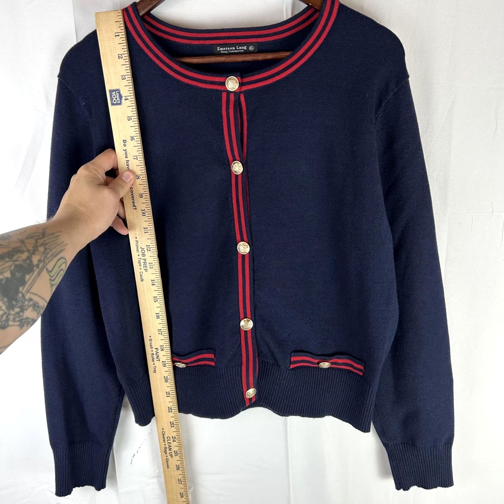 Vintage Emerson Lang Cardigan Sweater Womens XL Navy Crew Neck Stripe Trim Gold Button Size XL / US 12-14 / IT 48-50 - 6 Thumbnail