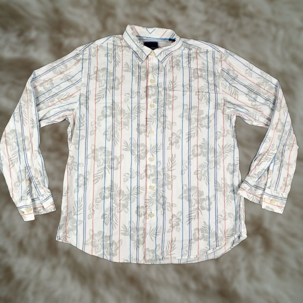 Tommy Bahama Tommy Bahama Shirt Mens Large Gray Floral Striped Cotton Button Up Long Sleeve Size US L / EU 52-54 / 3 - 1 Thumbnail