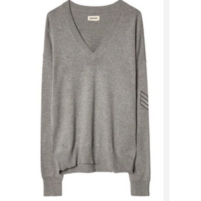 image of Zadig Voltaire Zadig & Voltaire Happy Army Studded Elbow V-Neck Sweater in Grey, Women's (Size Larg