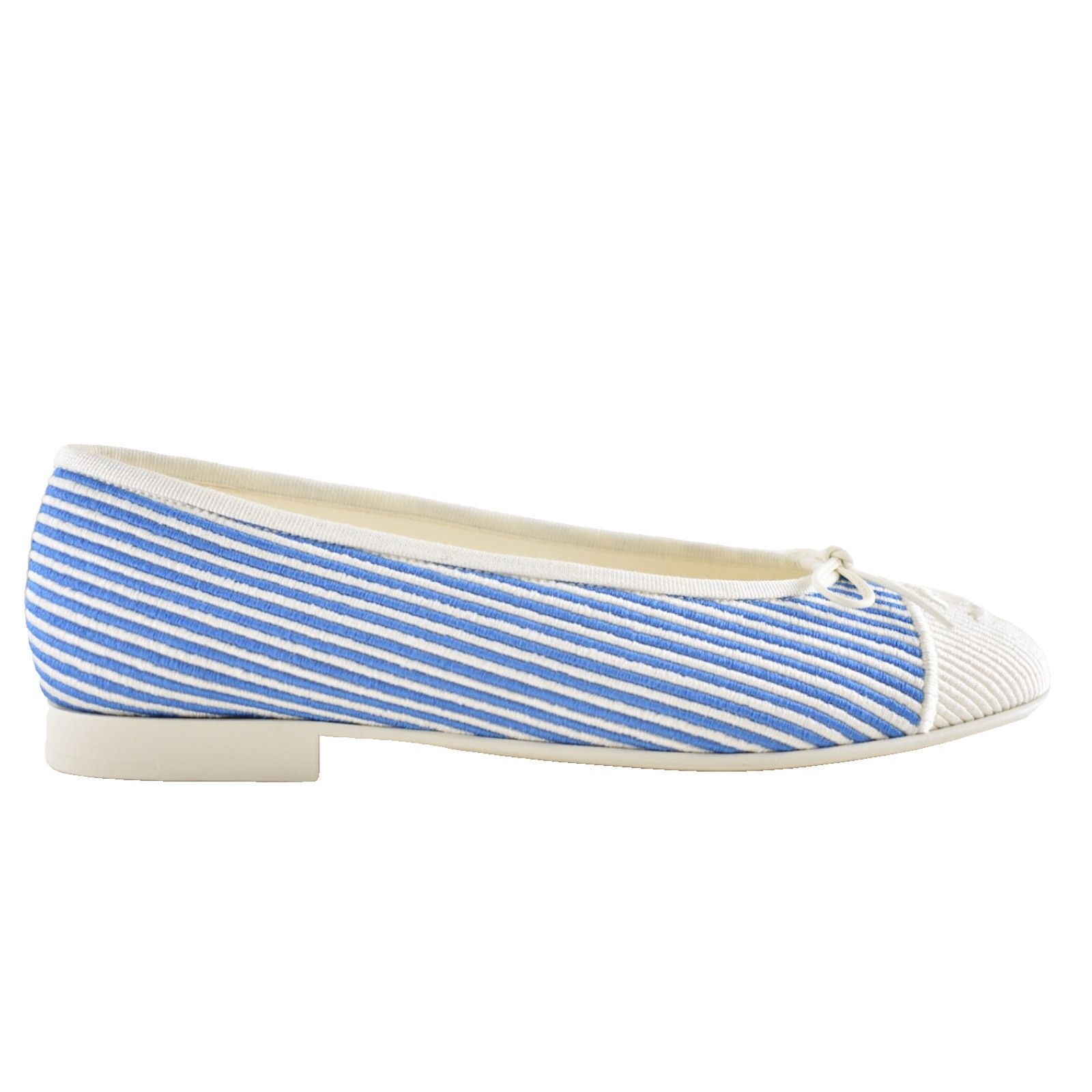 Chanel Chanel 24S Blue White Pinstripe Stripe CC Logo Bow Ballet Size US 7.5 / IT 37.5 - 1 Thumbnail