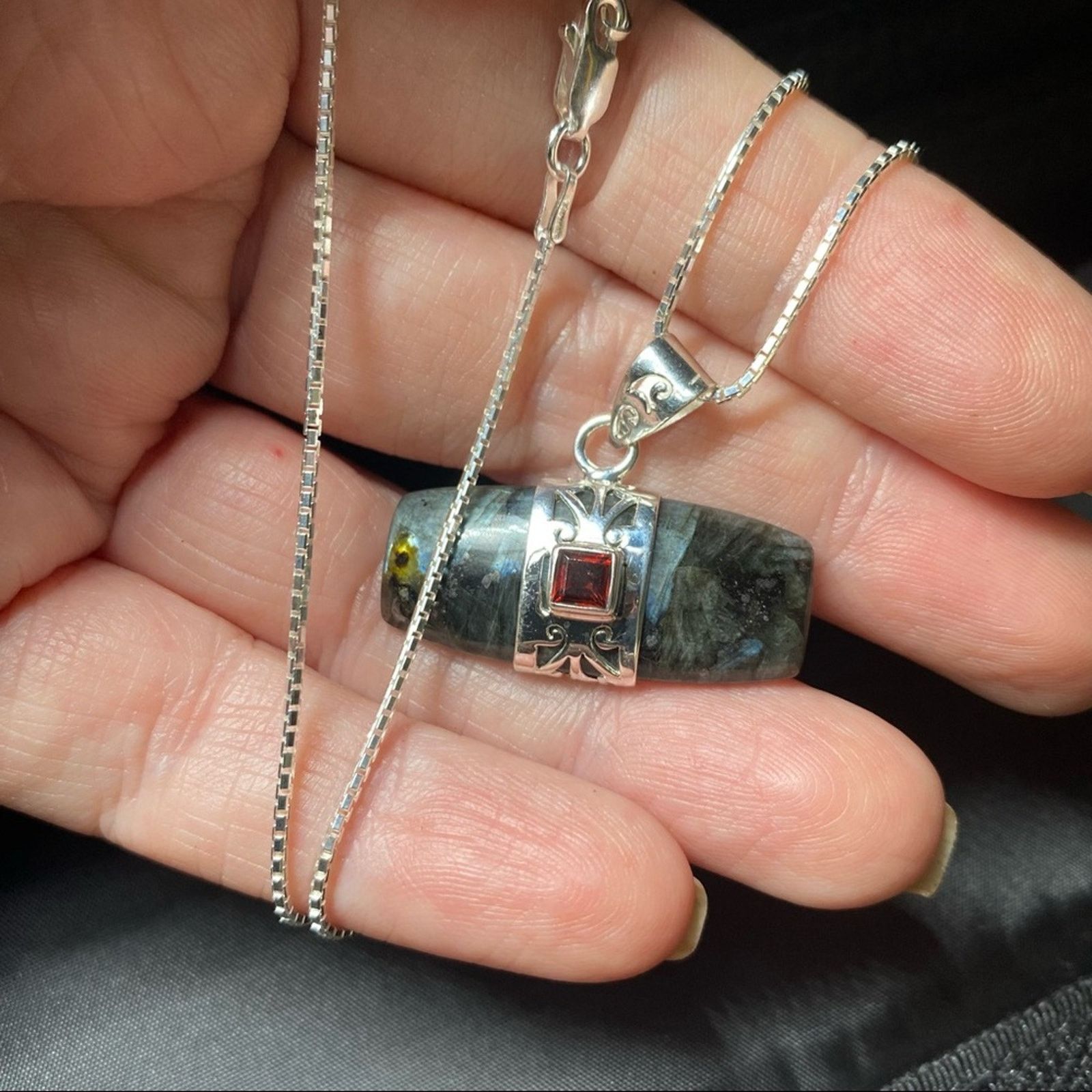 The Unbranded Brand Larvikite Black Moonstone & Garnet Pendant Necklace Size ONE SIZE - 8 Thumbnail