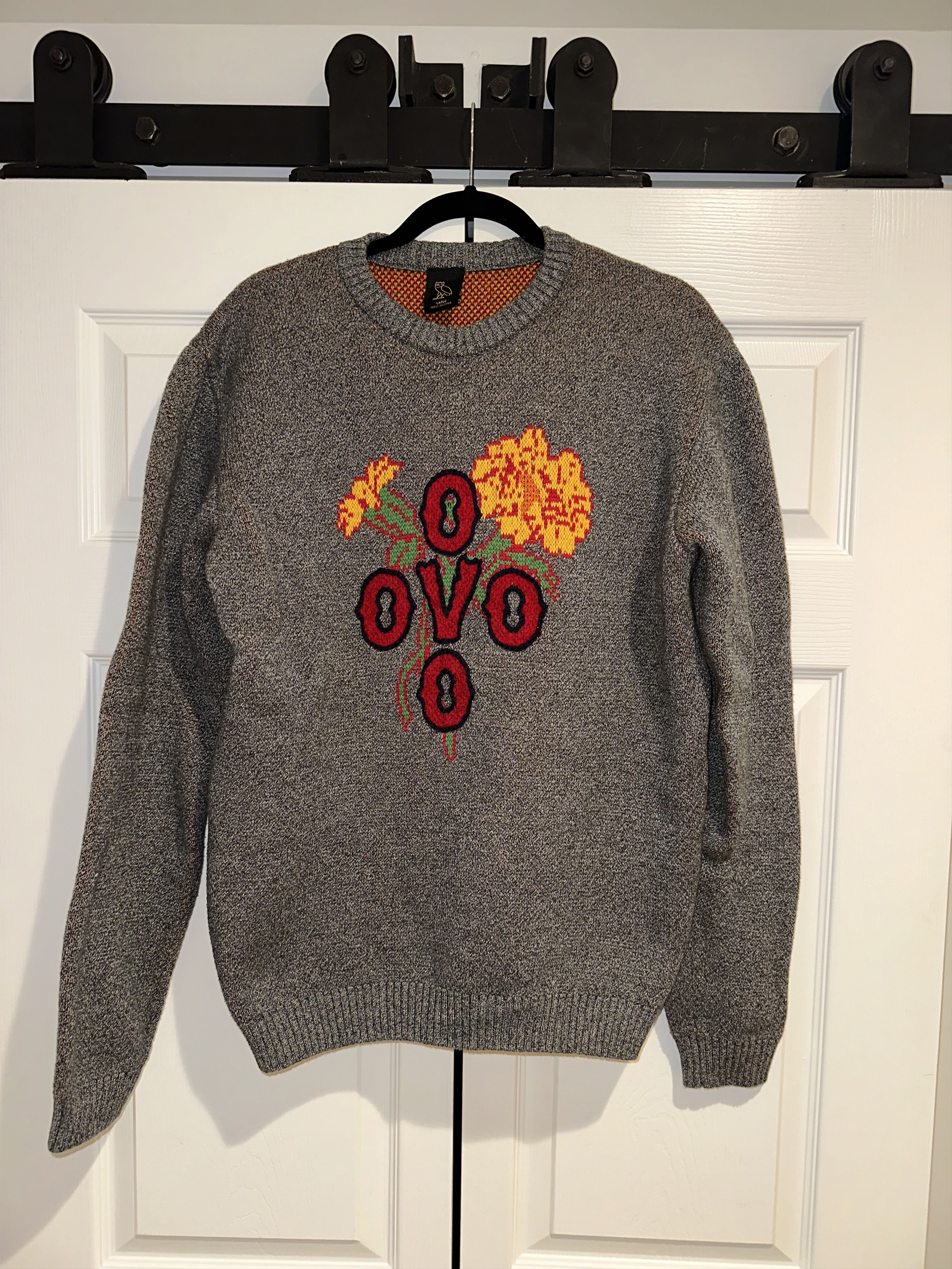 image of Octobers Very Own Ovo Monogram Flower Knit Sweater in Grey, Men's (Size Large)