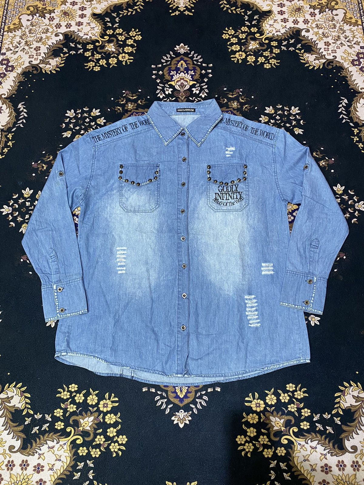 If Six Was Nine × Japanese Brand × Seditionaries Rare Y2K Ghost Of Harlem Punk Style Distressed Denim Shirt Size US L / EU 52-54 / 3 - 2 Thumbnail