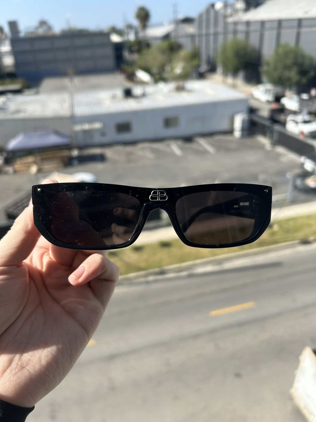 image of Balenciaga X Shield Rectangle Sunglasses in Black, Men's