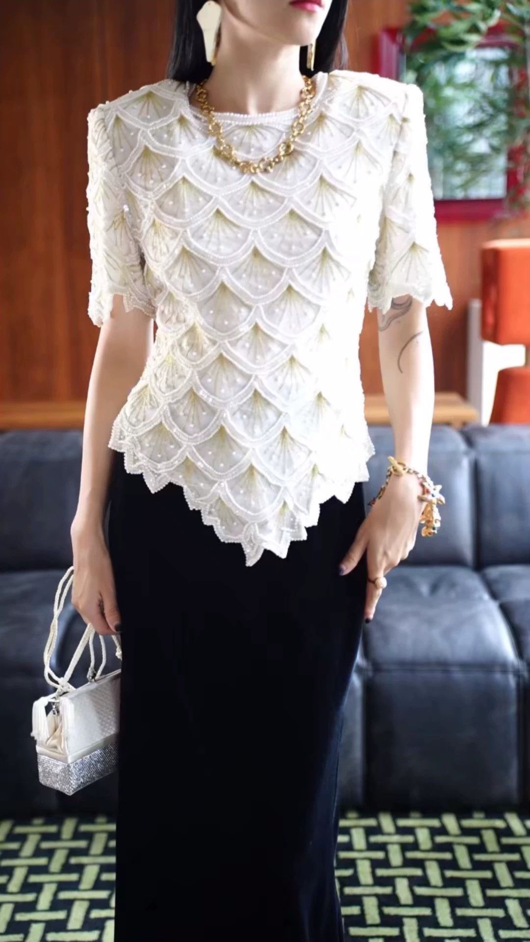 Other US Vintage Art Deco White Gold Geo Beaded Short Sleeve Top Size L / US 10 / IT 46 - 1 Thumbnail