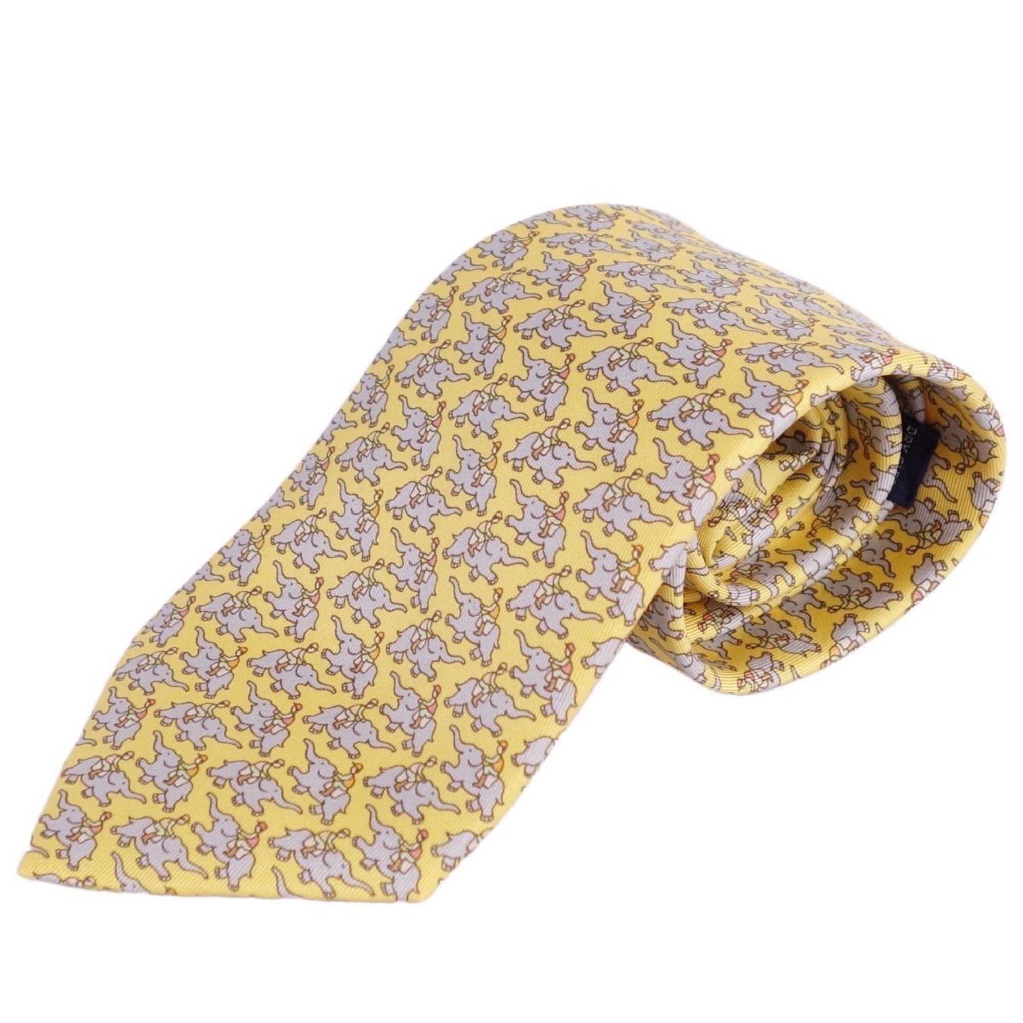 image of Hermes Necktie Silk Twill Tie Elephant Pattern 100% Men's Yellow Gray in Black