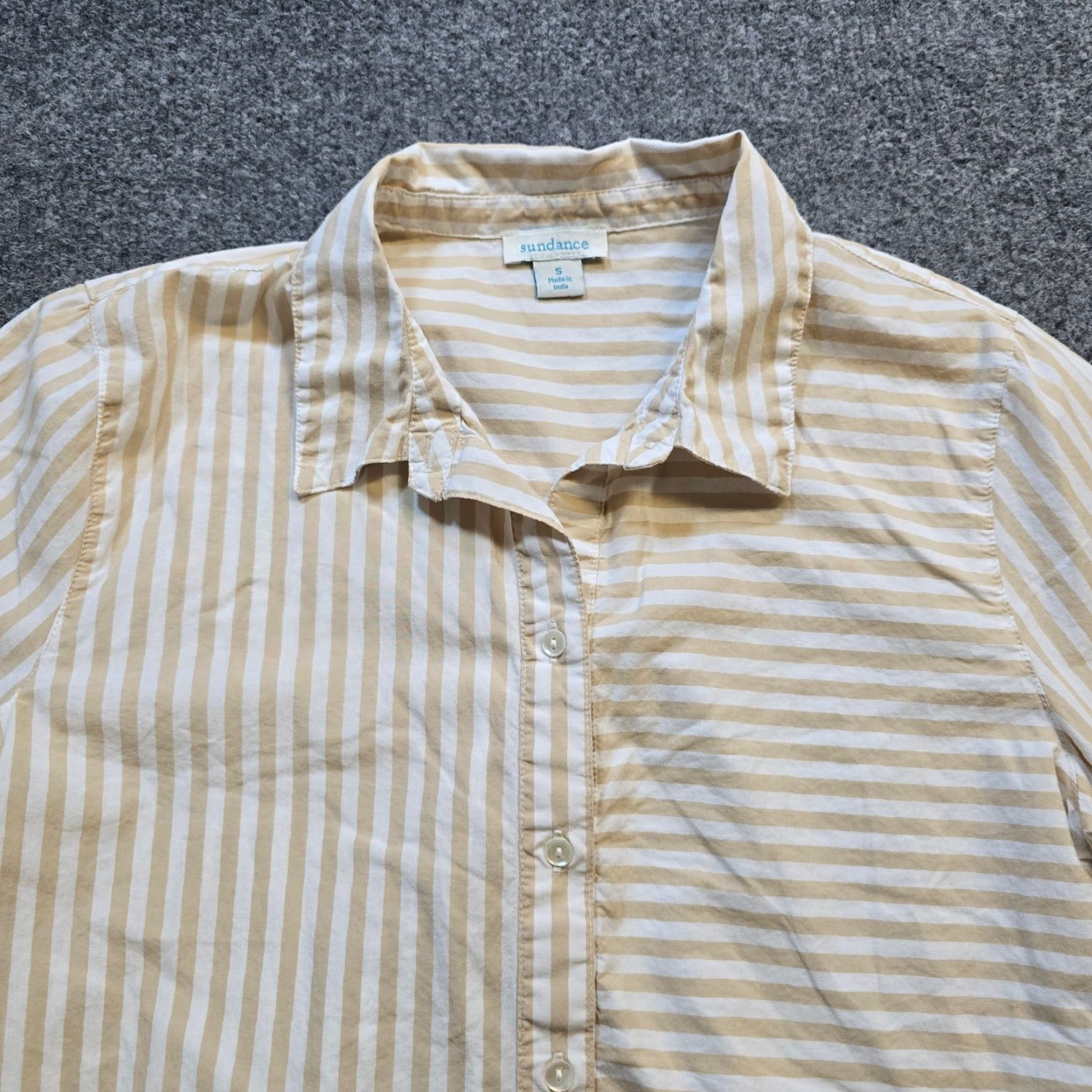 Vintage Sundance Blouse Shirt Womens Size S Beige White Striped Button Collar Knit 100% Cotton Casual Career Size S / US 4 / IT 40 - 2 Thumbnail