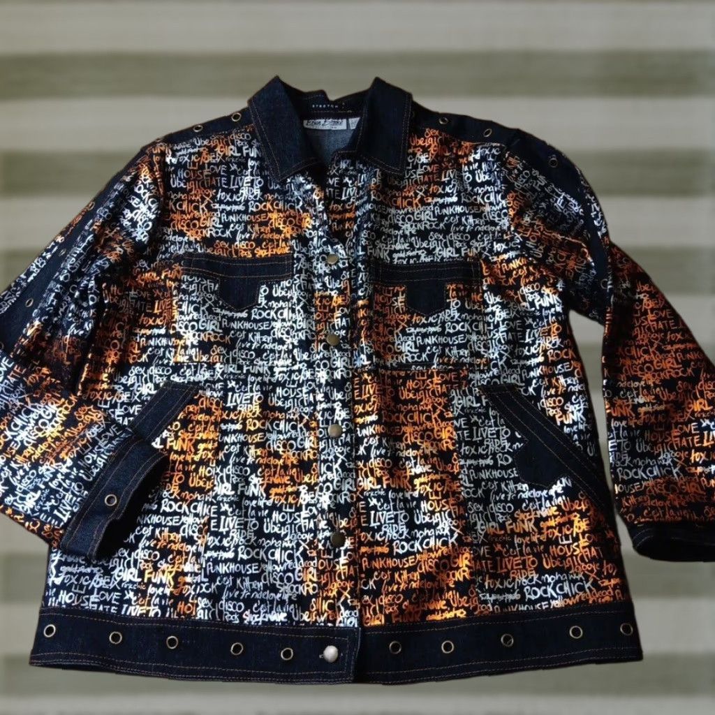 VINTAGE Erica Brooke Denim Jacket Women Plus 20 Denim Cotton Shiny Graffiti AOP Blue gender Women 20