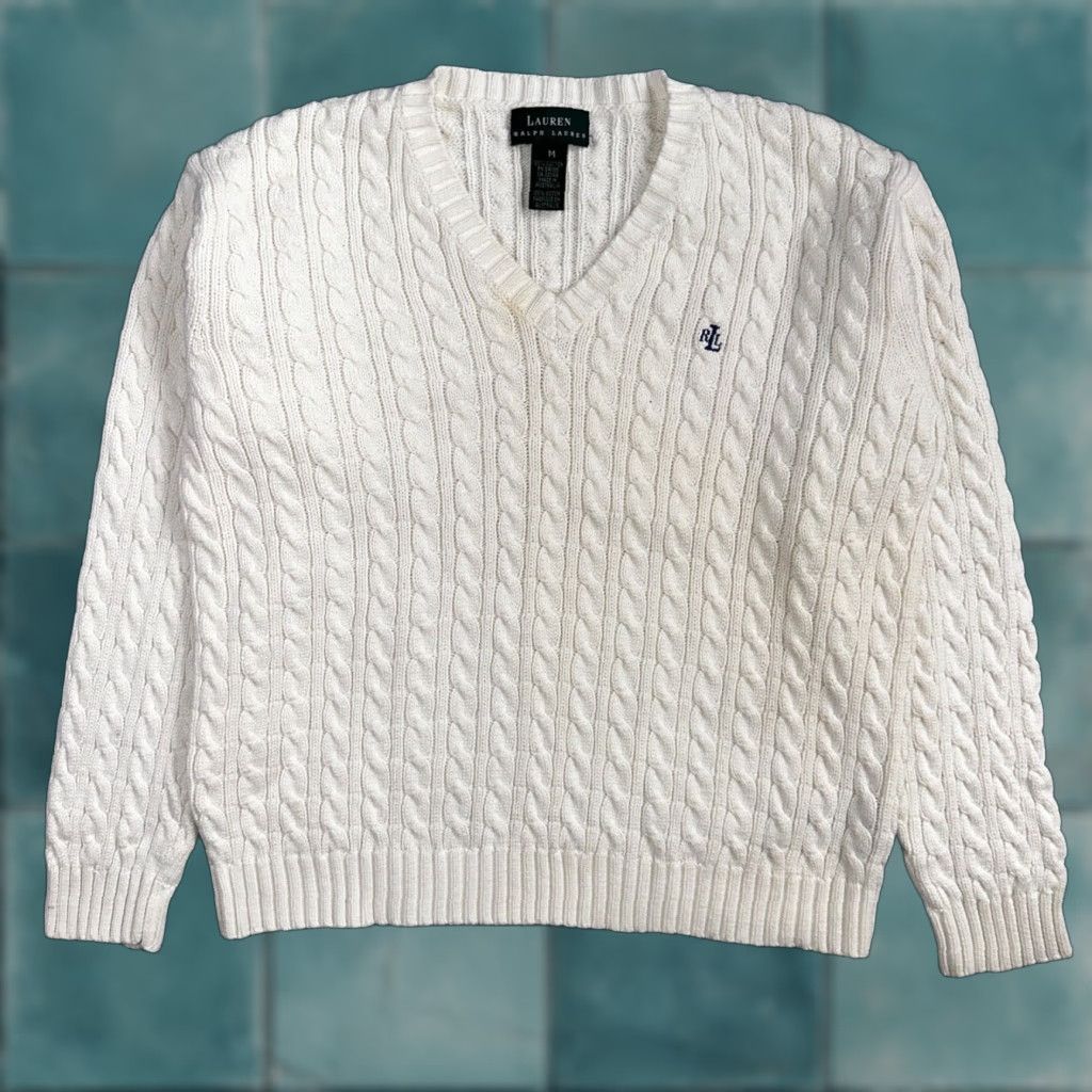Lauren Ralph Lauren White Cable-Knit V-Neck Pullover Sweater Womens M Cotton