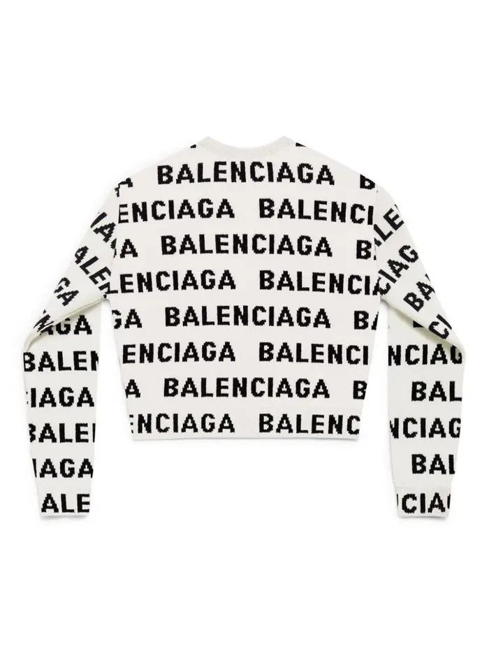 Balenciaga o1tr1nto0326 Bal Horizontal Allover Cropped Sweater White Size L / US 10 / IT 46 - 2 Thumbnail
