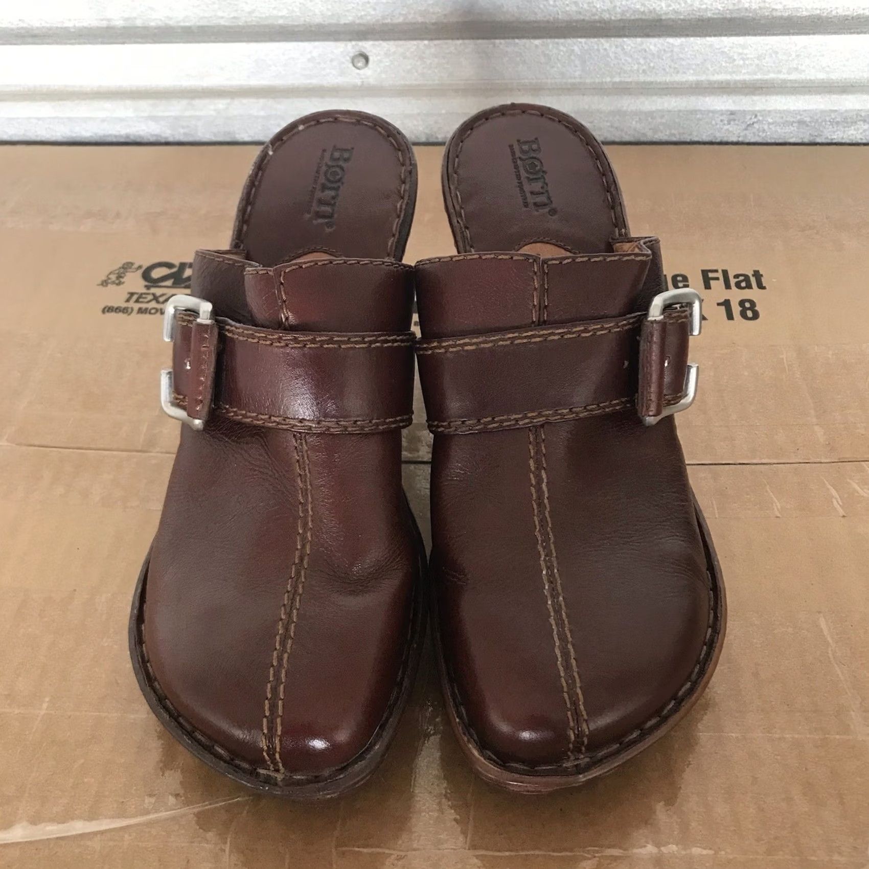 Born Born Women's Chocolate Brown Leather Buckle Slip-On Comfort Heel Mules Clogs 10 Casual Platform Open Back Women Shoes Size US 10 / IT 40 - 3 Thumbnail