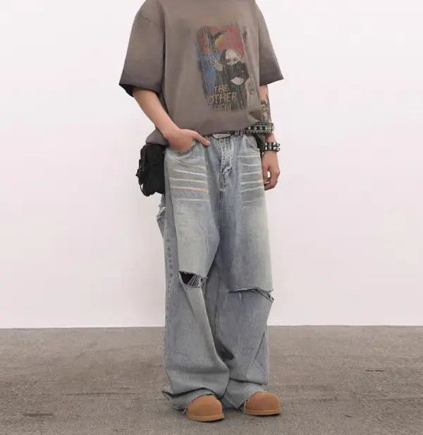 Japanese Brand VIBE Washed vintage distressed ripped fringed baggy jeans Size US 32 / EU 48 - 4 Thumbnail