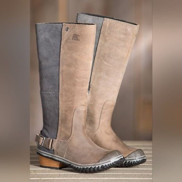 image of Sorel Slimboot Tan Oiled Leather Gray Suede Western Boots in Grey, Women's (Size 8)