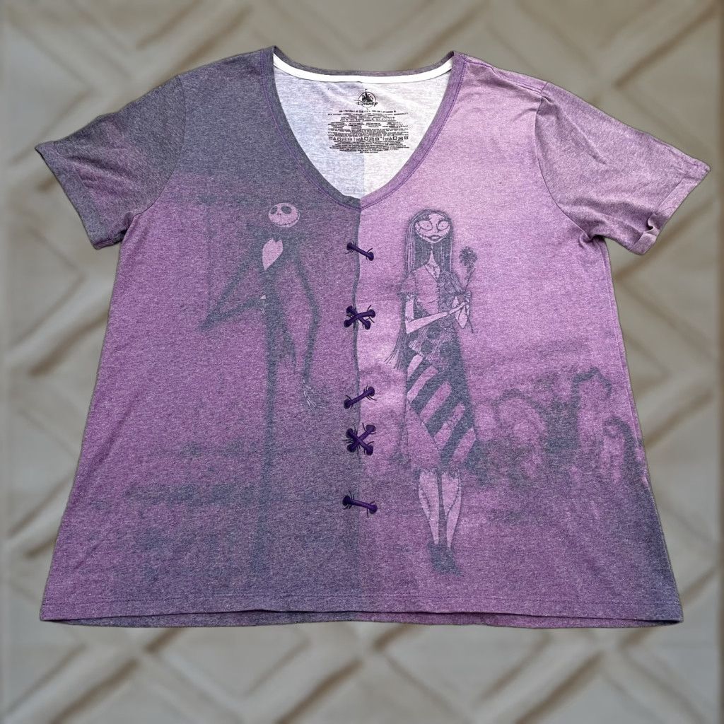 Disney Disney Nightmare Before Christmas Jack & Sally Purple T-Shirt Lace Up V-Neck Women’s Large Casual Gothic Grunge Size L / US 10 / IT 46 - 1 Thumbnail