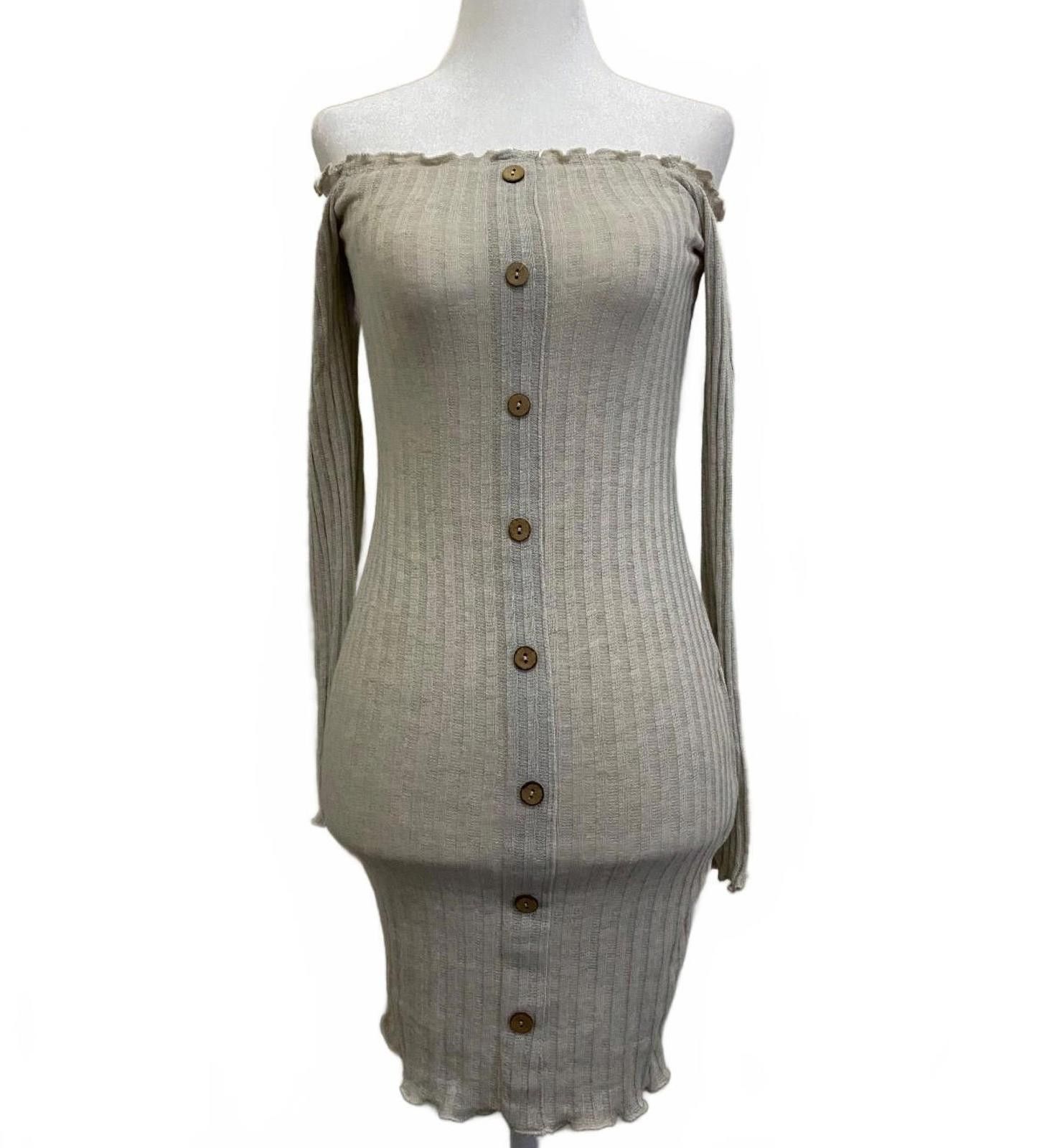 Fashion Nova FASHION NOVA Off-shoulder Knit Minidress in Beige (SMALL) Size S / US 4 / IT 40 - 2 Thumbnail
