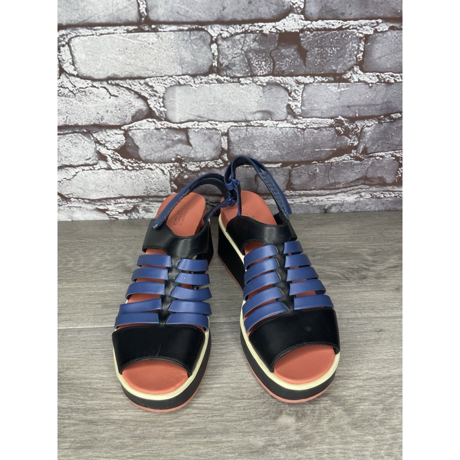 Camper Camper Tropic Black Blue Leather Ankle Strap Wedge Sandals W Size US 5.5 / IT 35.5 - 14 Thumbnail
