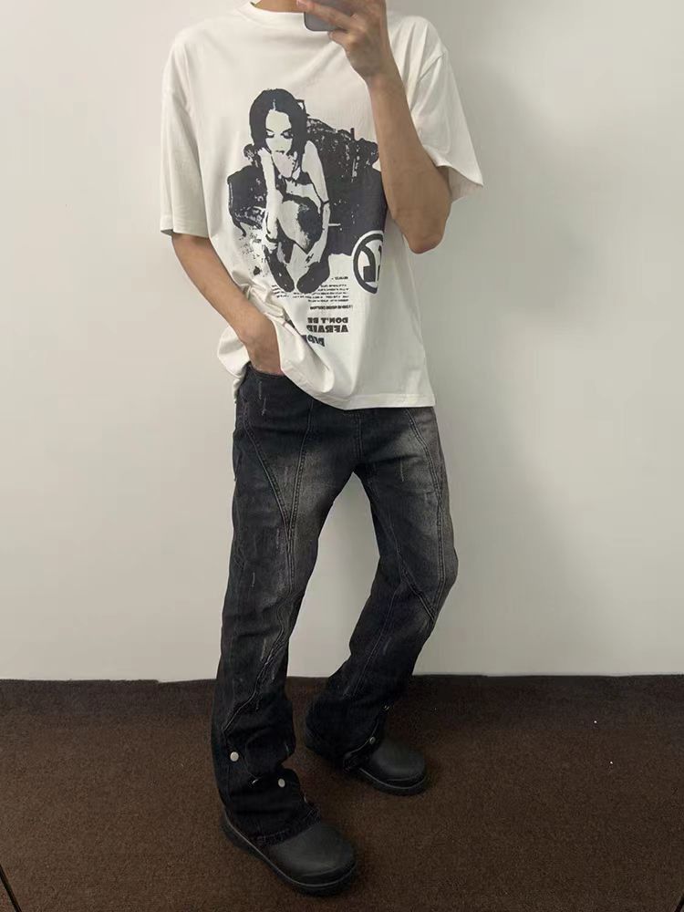 Designer × Jean × Vintage Street Hip Hop Micro Flare Ribbed Y2K Jeans Size US 30 / EU 46 - 1 Thumbnail