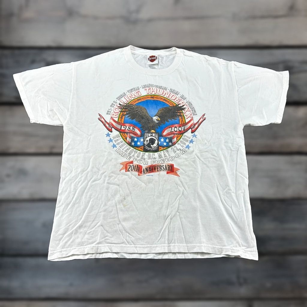 Harley Davidson VINTAGE Harley-Davidson Shirt Mens L White Rolling Thunder USA 90s Washington DC Y2K Graphic Print Crew Neck Short Sleeve Cotton Logo Reflective Size US L / EU 52-54 / 3 - 1 Thumbnail