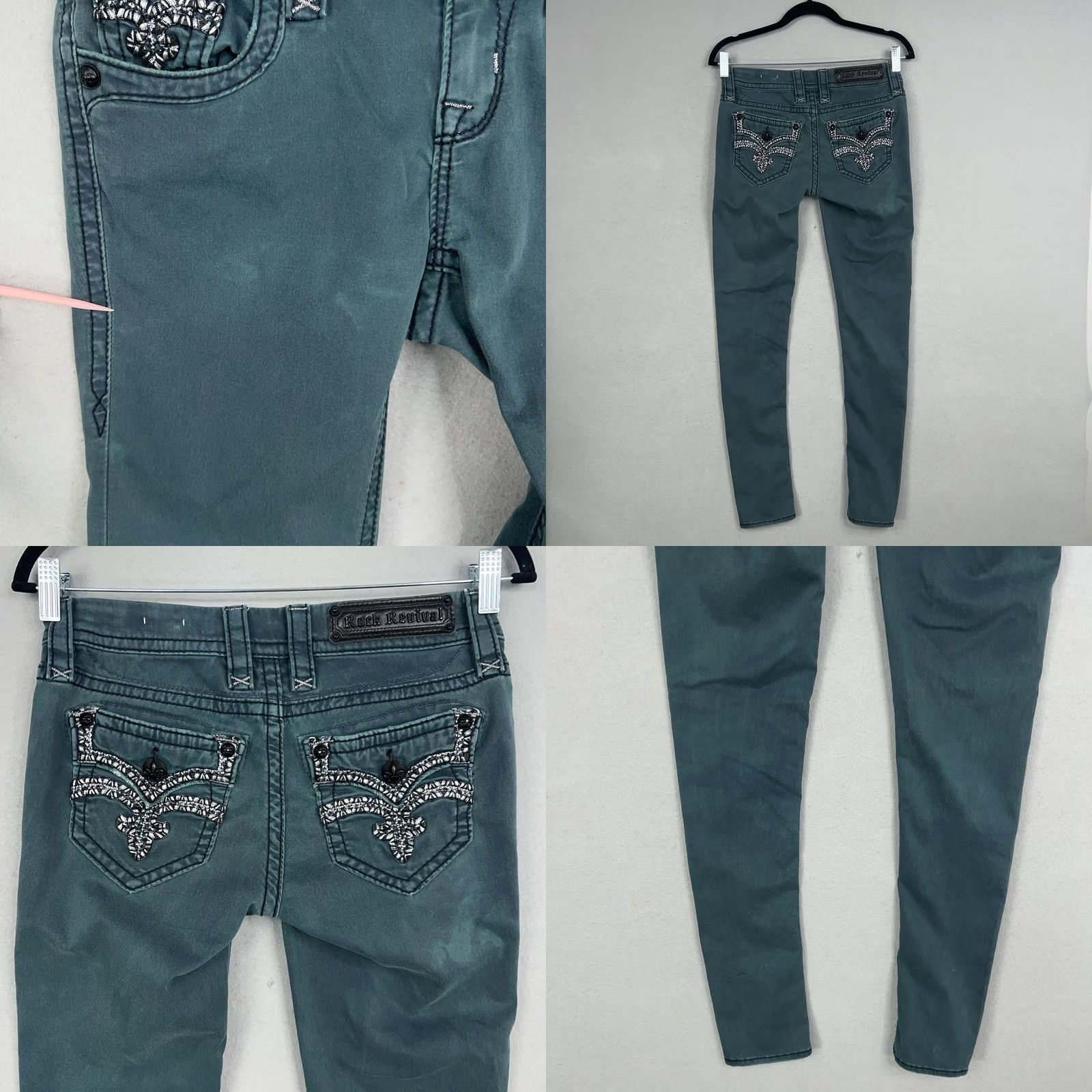 Vintage Rock Revival Jeans Womens 26 Green Denim Karla Skinny Embroidered 90s Y2K Distressed Rhinestone Tailored Logo Pocket Leather Patch Bagged Size 26" / US 2 / IT 38 - 8 Thumbnail