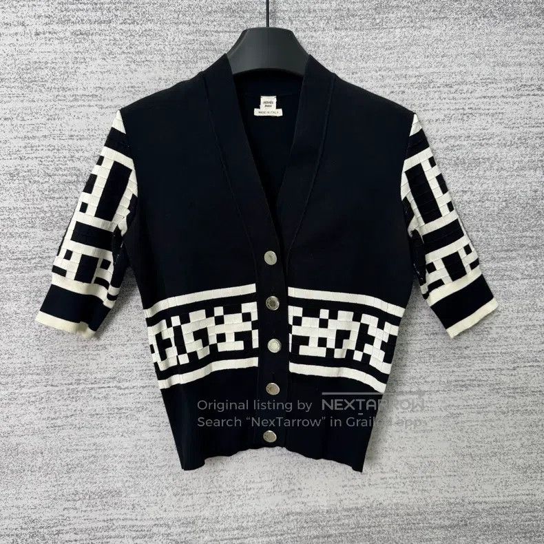 Hermes Black and White Colorblocked Knit Open Cardigan