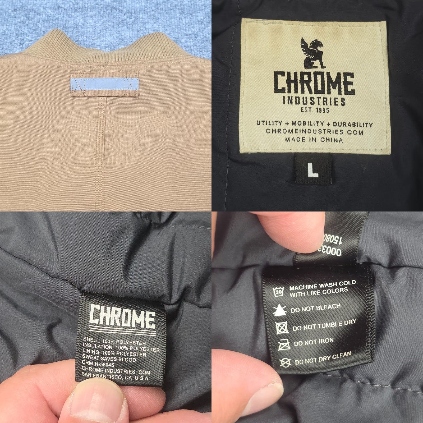 Industrie **Chrome Industries Large Men's Beige Stained Bomber Jacket** User: **Chrome Industries Men's Large Beige Stained Bomber Jacket** Size US L / EU 52-54 / 3 - 8 Thumbnail