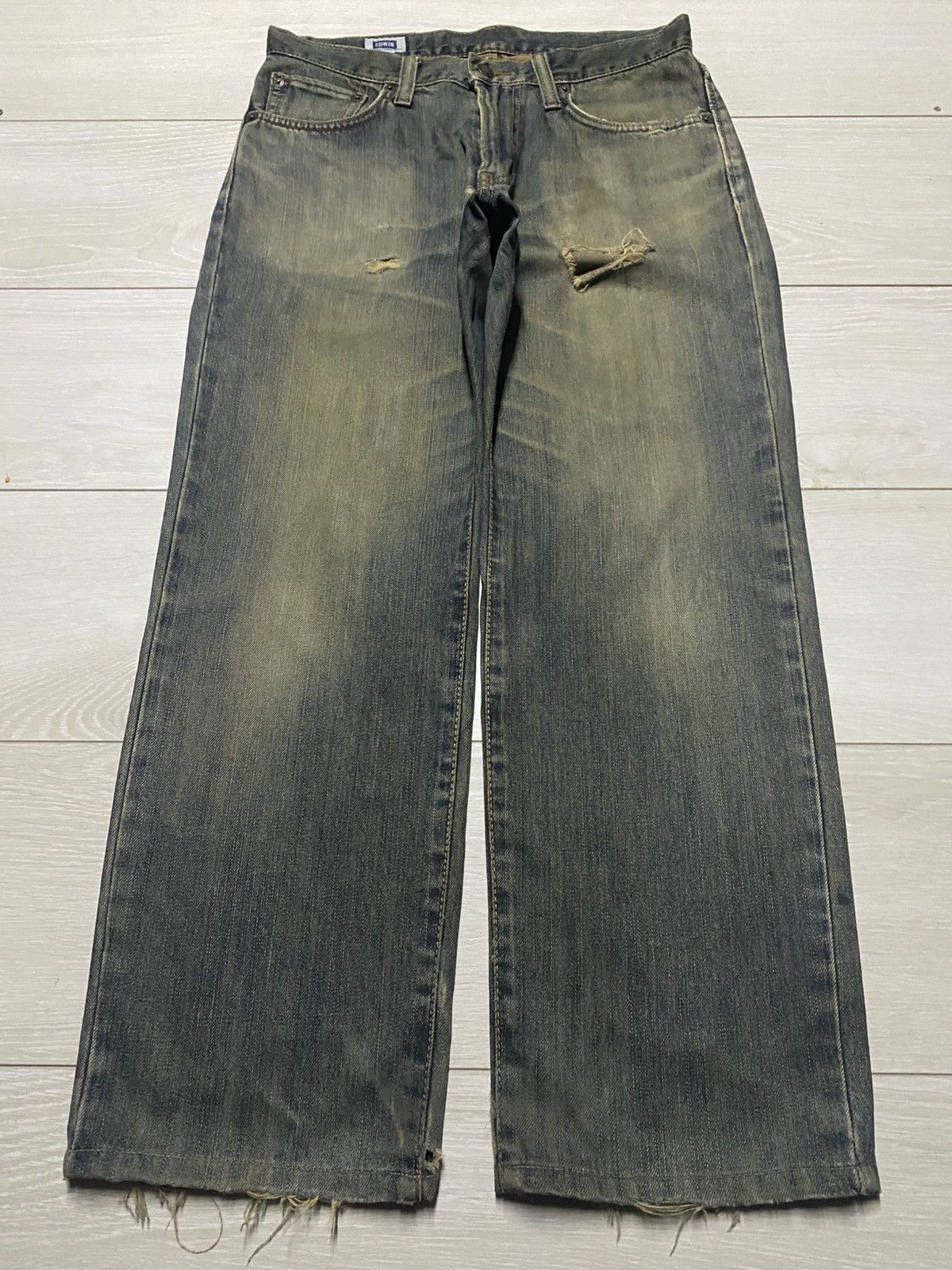 Junya Watanabe Vintage Edwin 404 Mud Wash Distressed Loose Jeans Size US 31 - 1 Thumbnail