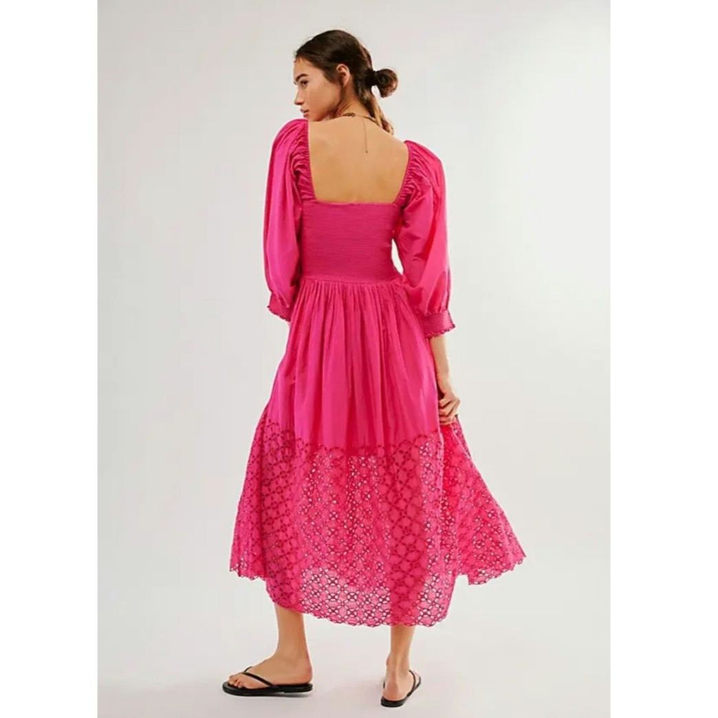Free People New Perfect Storm Boho Midi Dress $168 X-SMALL Pink Smocked Size XS / US 0-2 / IT 36-38 - 3 Thumbnail