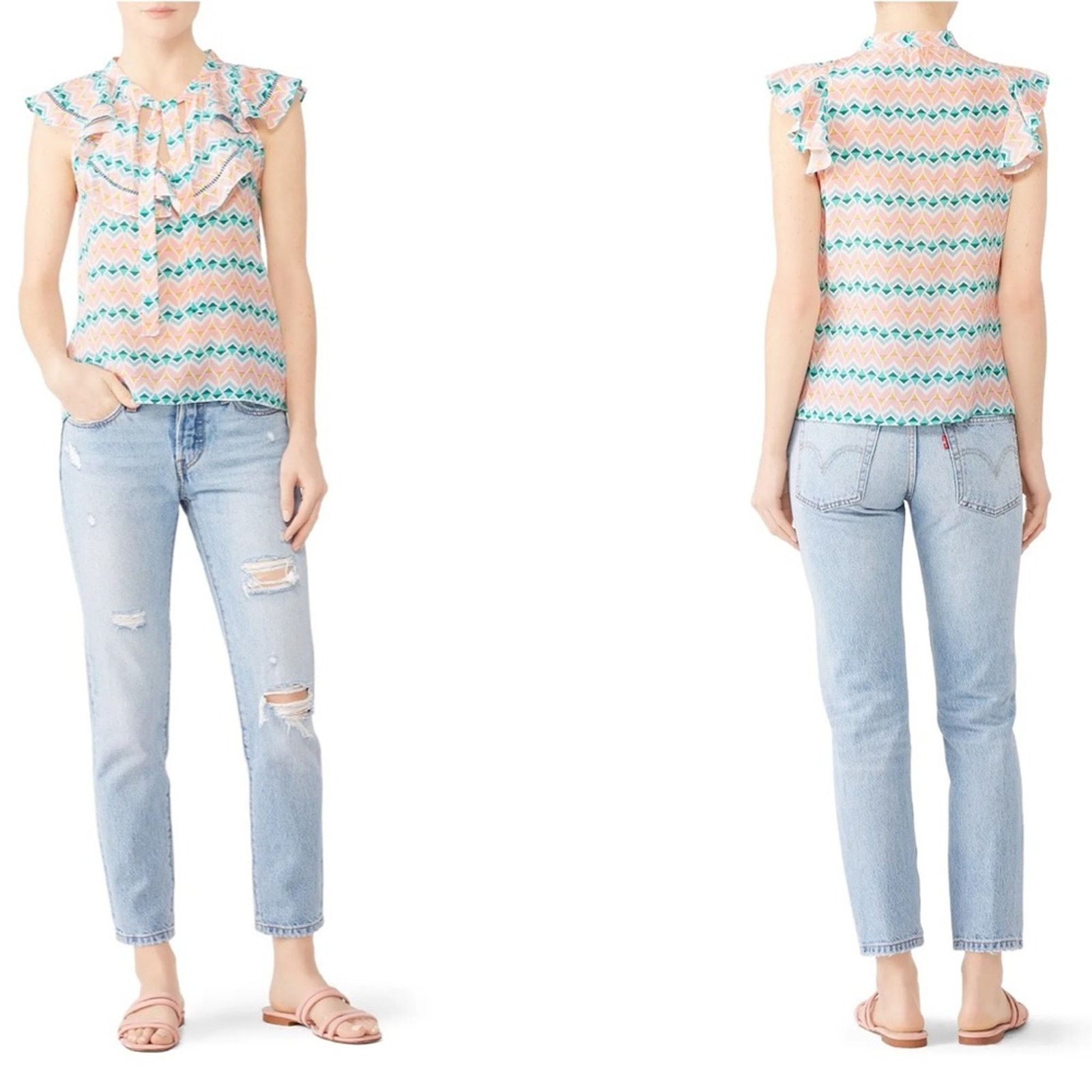 Paloma Blue 100% Silk Pink & Blue Sophia Ruffle Tie Top Sz S