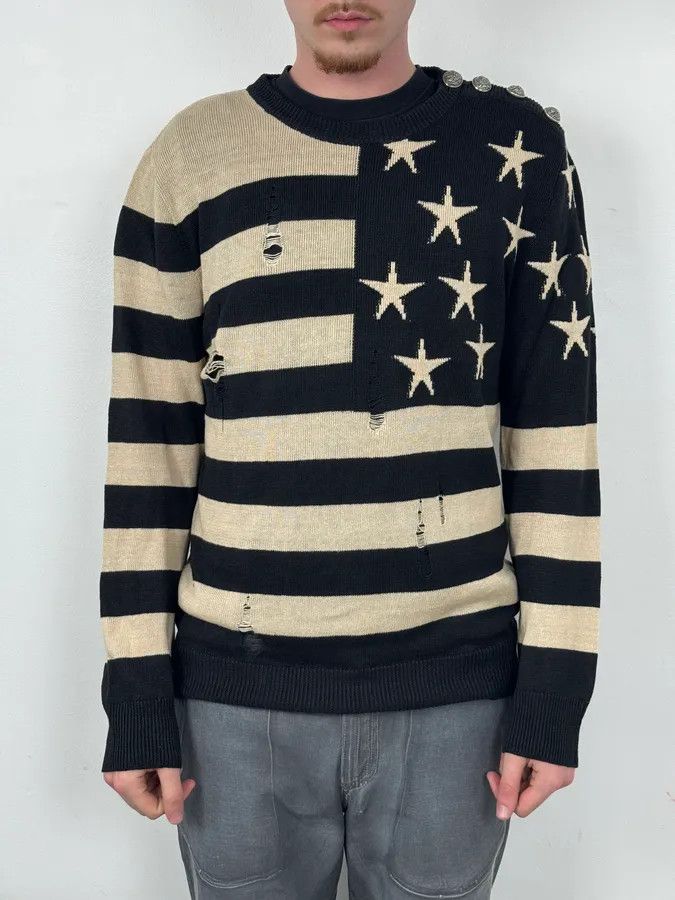 Balmain SS2016 Balmain Black Cream Linen Stars Ripped Sweater Size US L / EU 52-54 / 3 - 2 Thumbnail