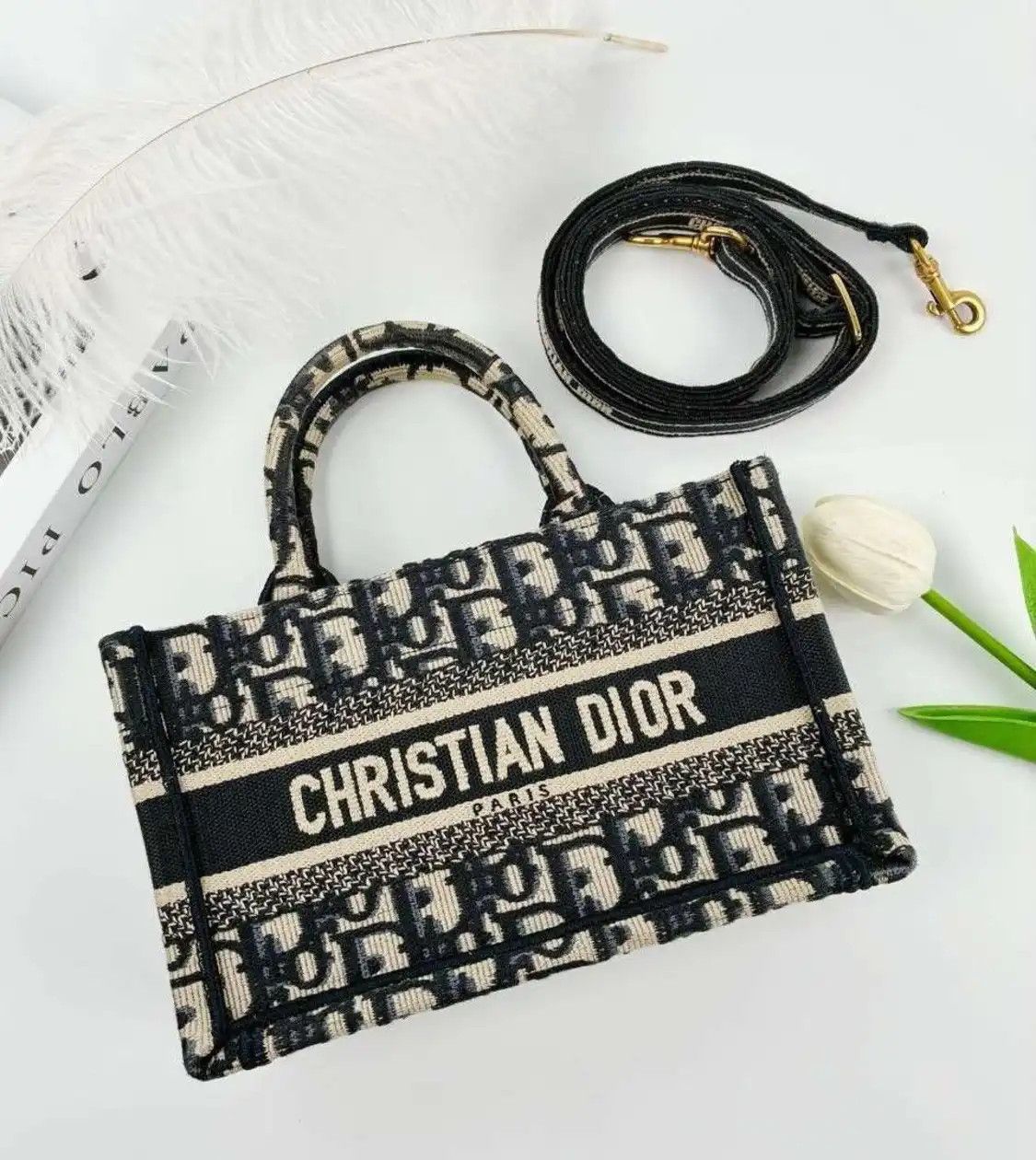 Dior DIOR Book Tote mini blue canvas monogram embroidery crossbody bag detachable str Size ONE SIZE - 1 Thumbnail