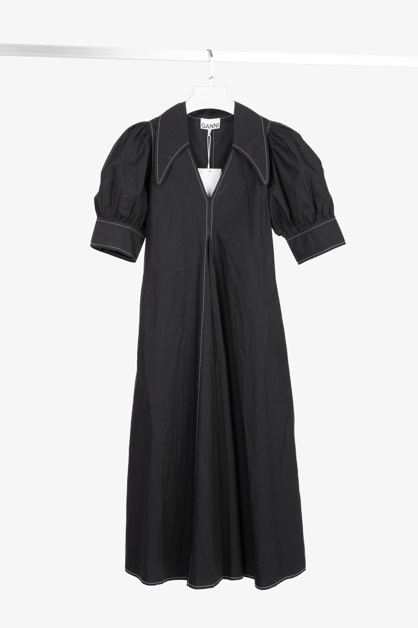 Ganni Ganni Black Cotton Poplin V-Neck Midi Dress Size XS / US 0-2 / IT 36-38 - 1 Thumbnail