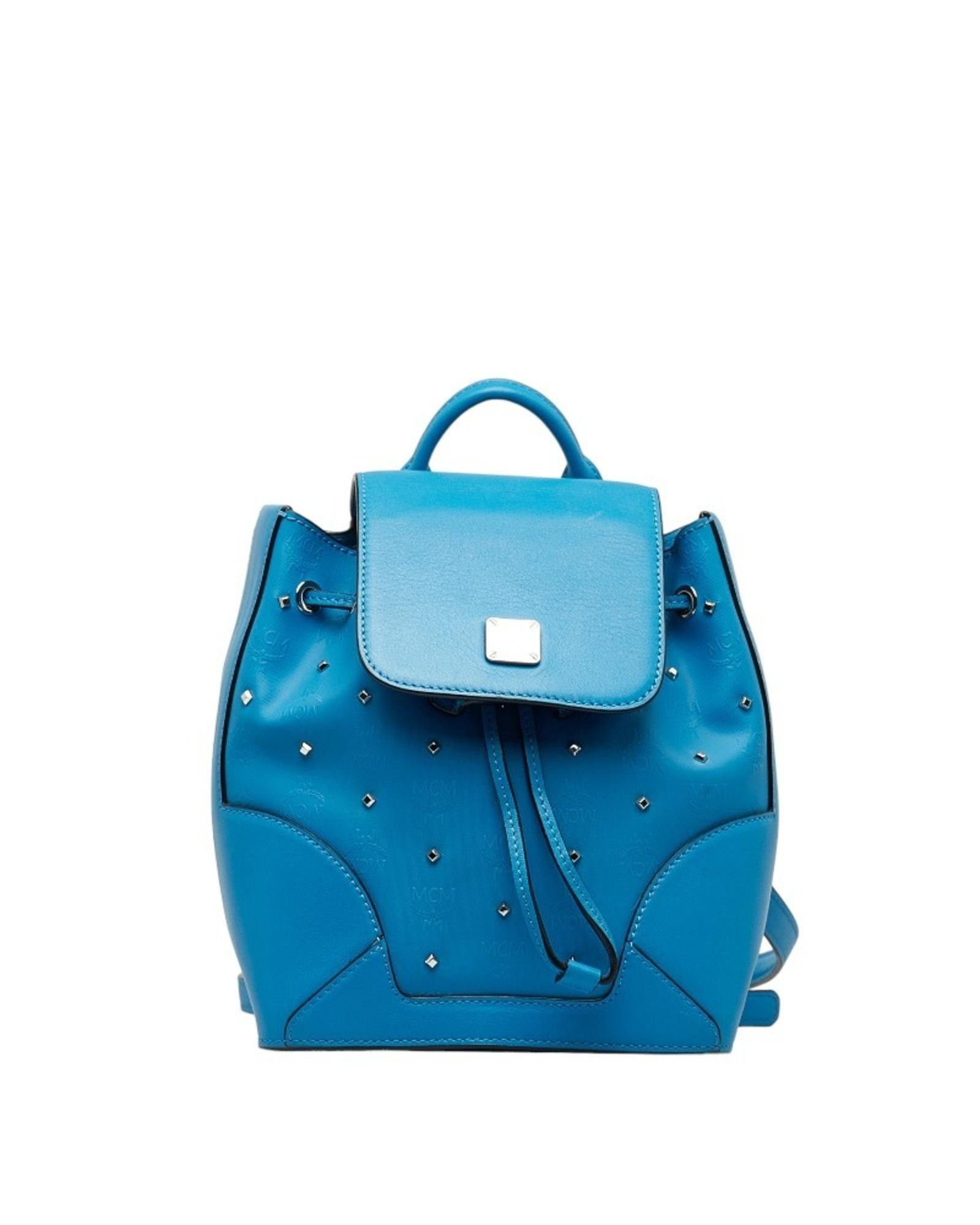 image of MCM Blue Leather Studded Mini Backpack, Women's