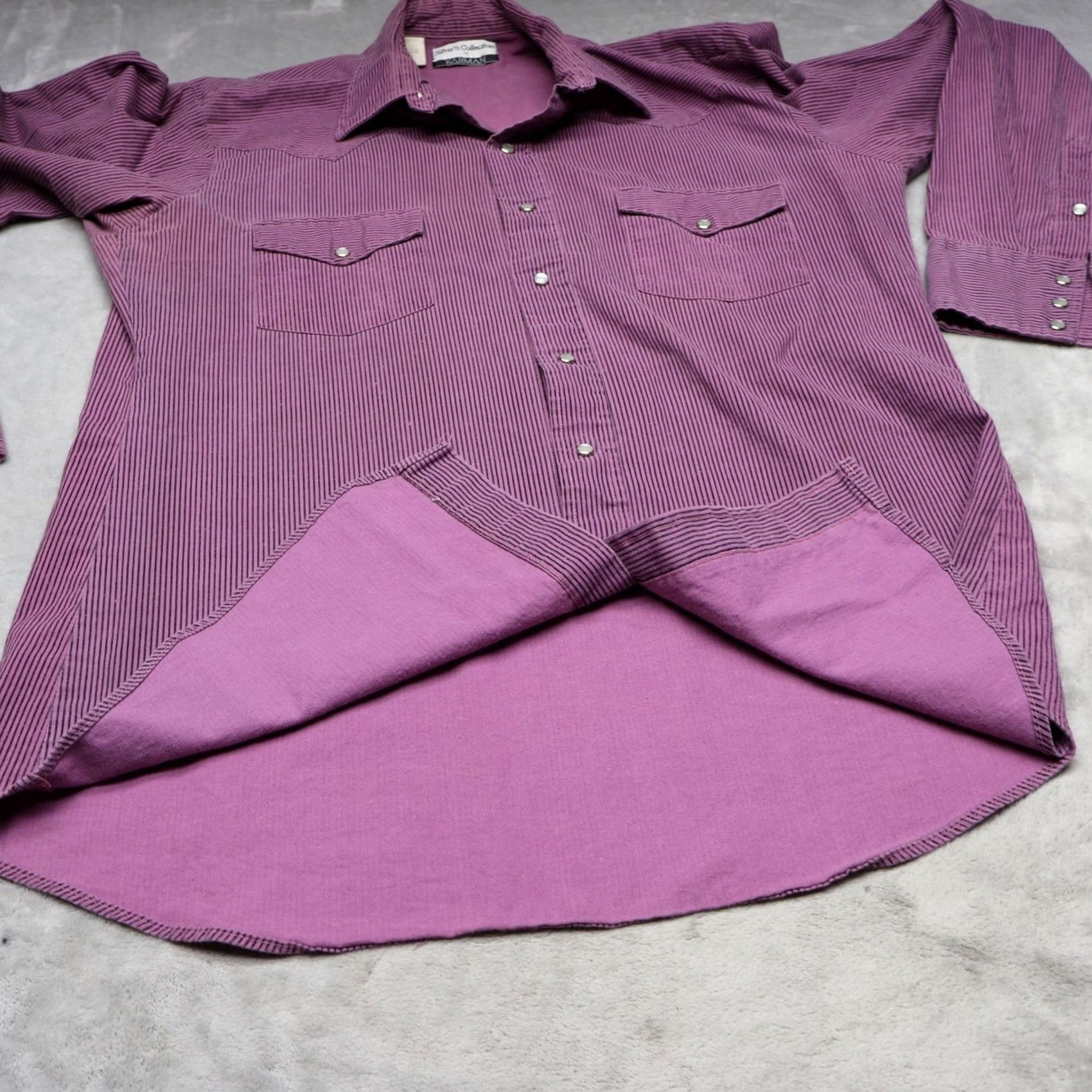 Armani VTG Karman Western Shirt Mens Large Purple Striped Pearl Snap Silver Collection Size US L / EU 52-54 / 3 - 5 Thumbnail