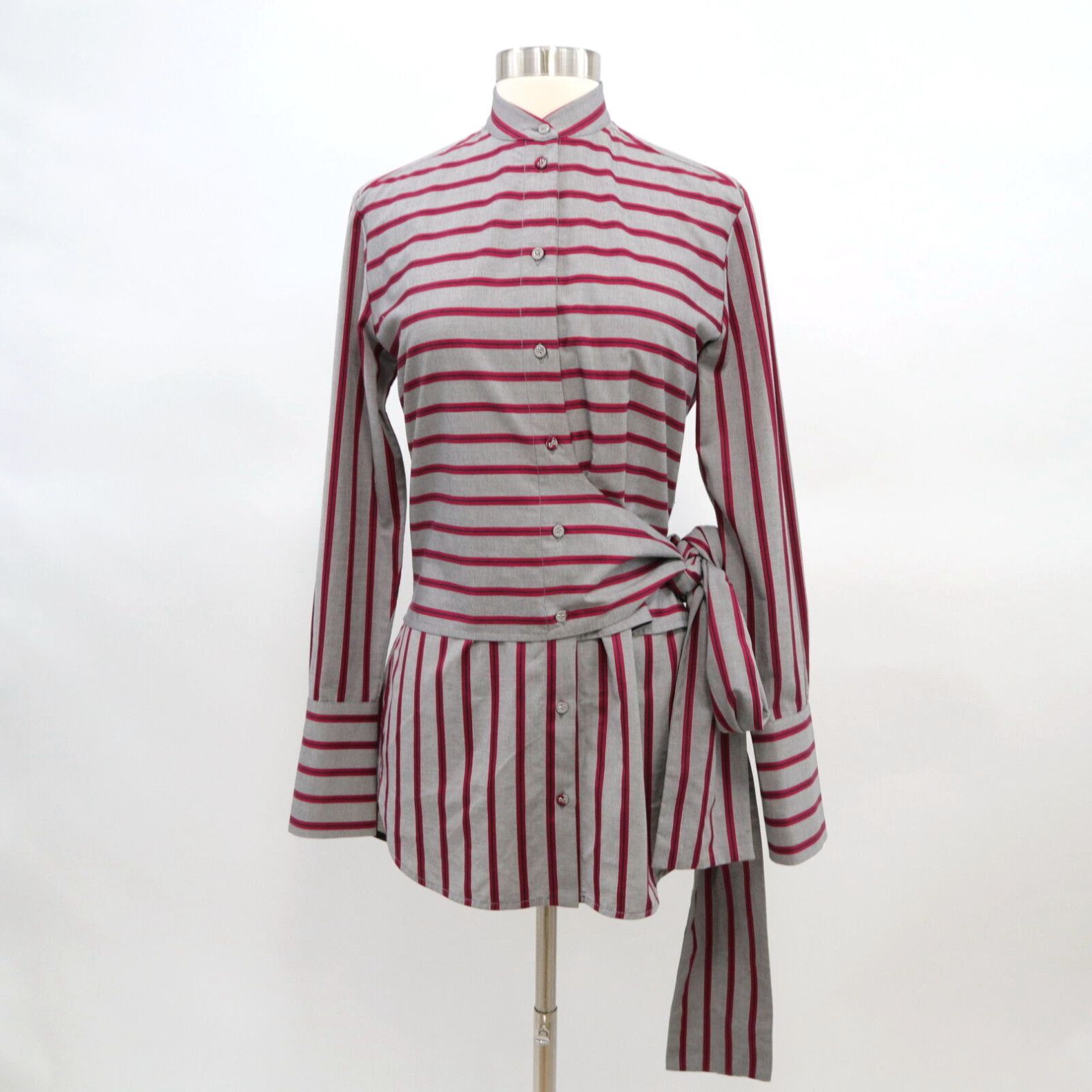 image of Victoria Beckham Shirt Blouse Top Us 2 Gray Red Striped Decorative Tie $539 in White, Women's (Size