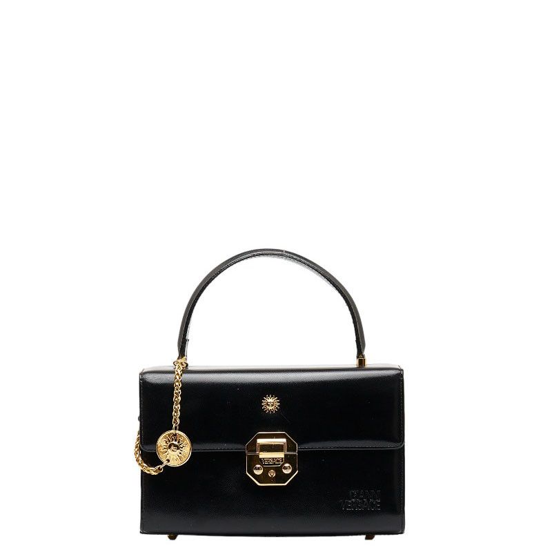 image of Versace Sunburst Gold Hardware Handbag Vanity Bag Black Enamel Leather, Women's