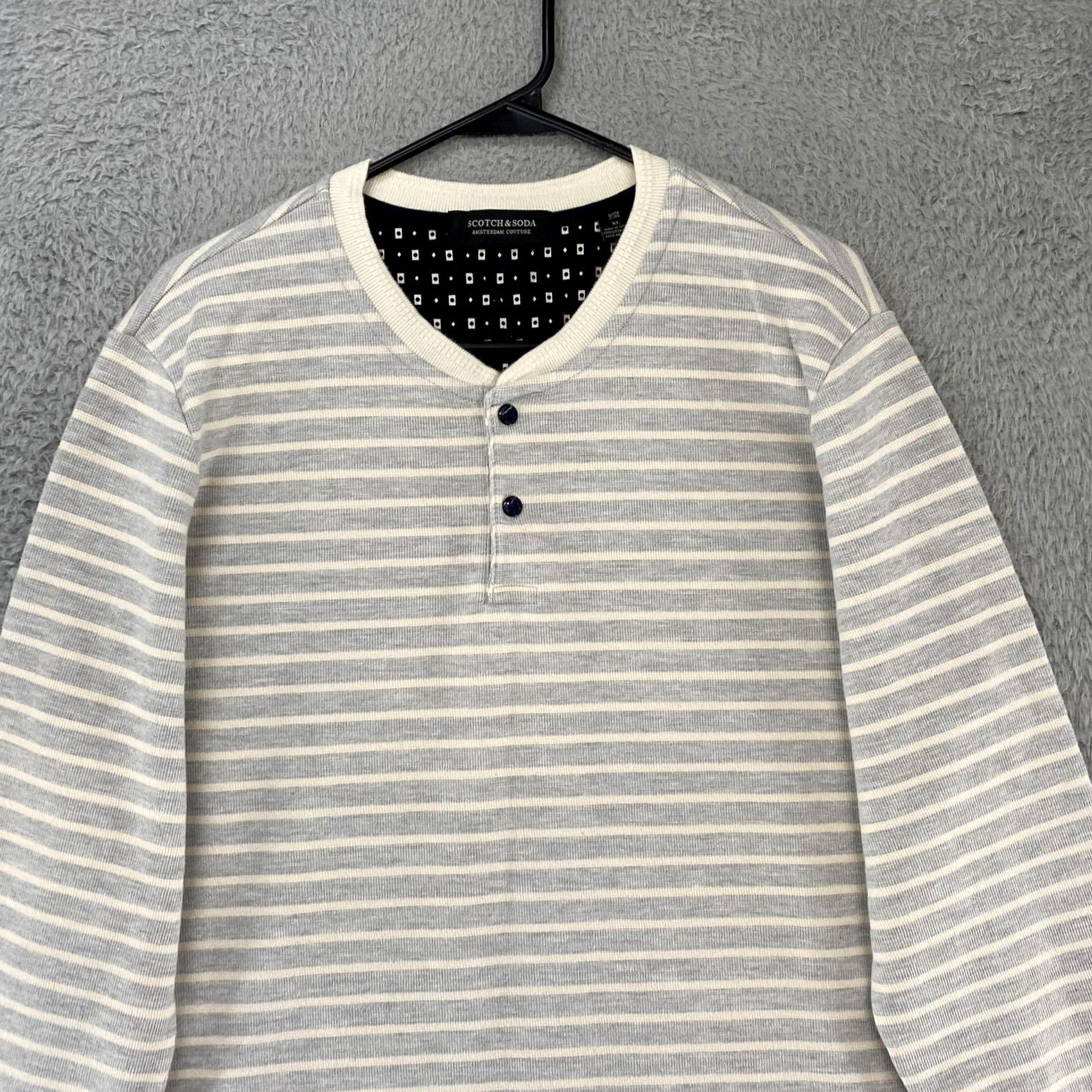Scotch & Soda Scotch & Soda Shirt Mens XL Henley Gray White Striped Long Sleeve Pullover Top Size US XL / EU 56 / 4 - 2 Thumbnail