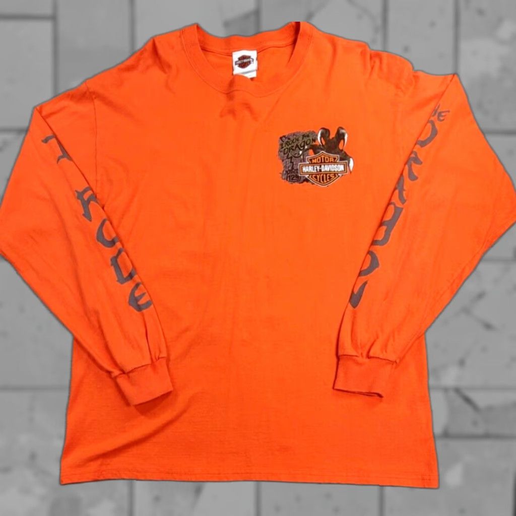 VINTAGE Harley-Davidson T-Shirt Long Sleeve Orange 90s Smoky Mountains US129 L Mens