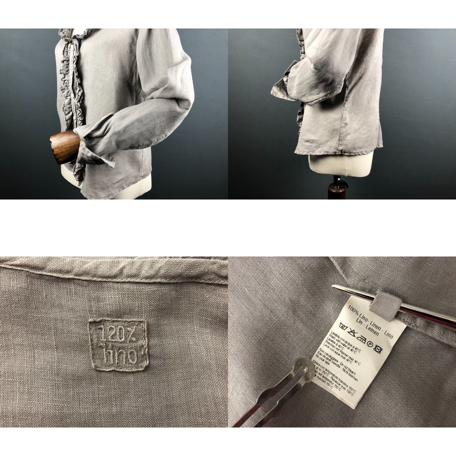 120% Lino 120% Lino Women's Blouse Shirt Gray Linen V-Neck 46 Ruffle Front Long Sleeve Casual Regular Fit, 100% Linen, Italy Brand: 120% Lino Size L / US 10 / IT 46 - 8 Thumbnail