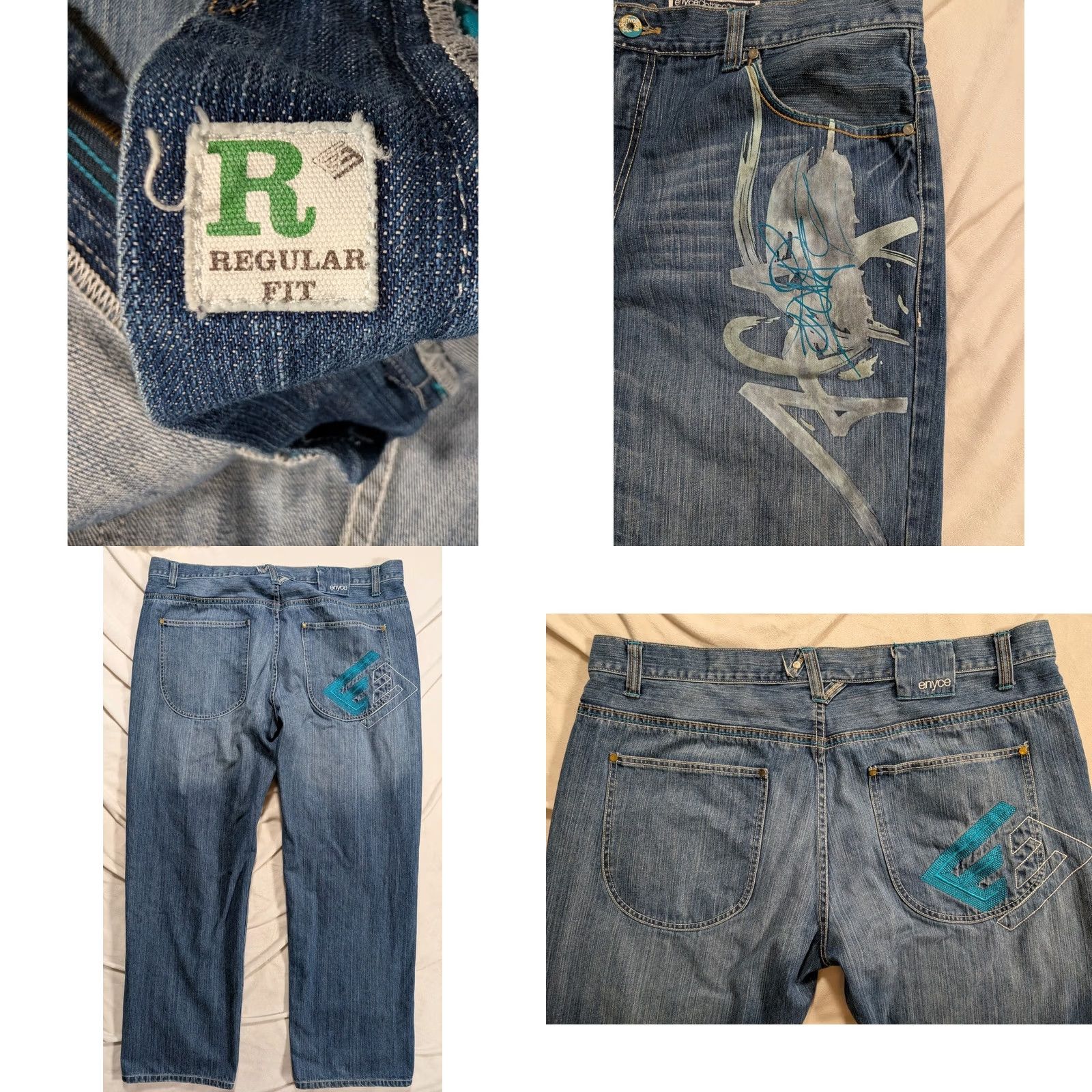 Enyce VTG Enyce Jeans Mens 42x34 Blue Baggy Embroidered Wide Leg Hip Hop Skater Y2K Jeans Mens 42 Blue Embroidered Baggy Wide Leg Hip Hop 90s Retro Mens Size US 42 / EU 58 - 8 Thumbnail