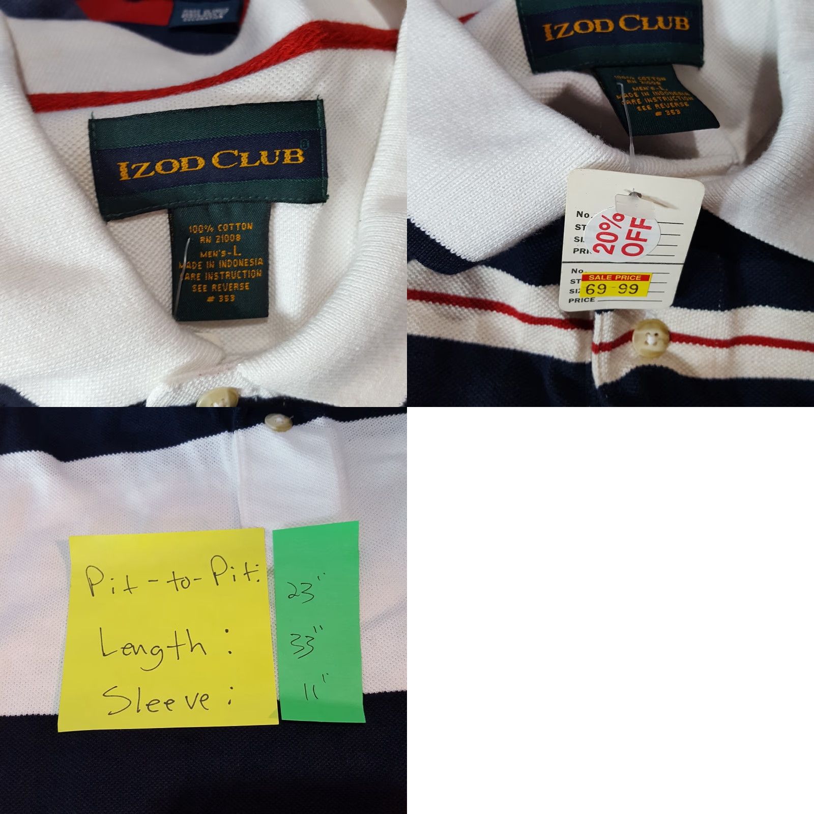 Izod VINTAGE IZOD Polo Shirt Mens L White Striped Collared Golf Club 90s Retro PGA Etsy Style Size US L / EU 52-54 / 3 - 8 Thumbnail