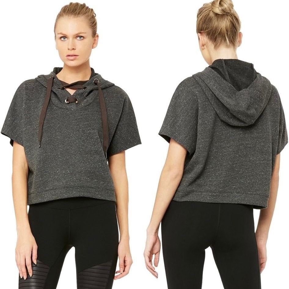 Alo Yoga Alo Yoga Realm Short Sleeve Charcoal Gray Hoodie Top Size S / US 4 / IT 40 - 5 Thumbnail