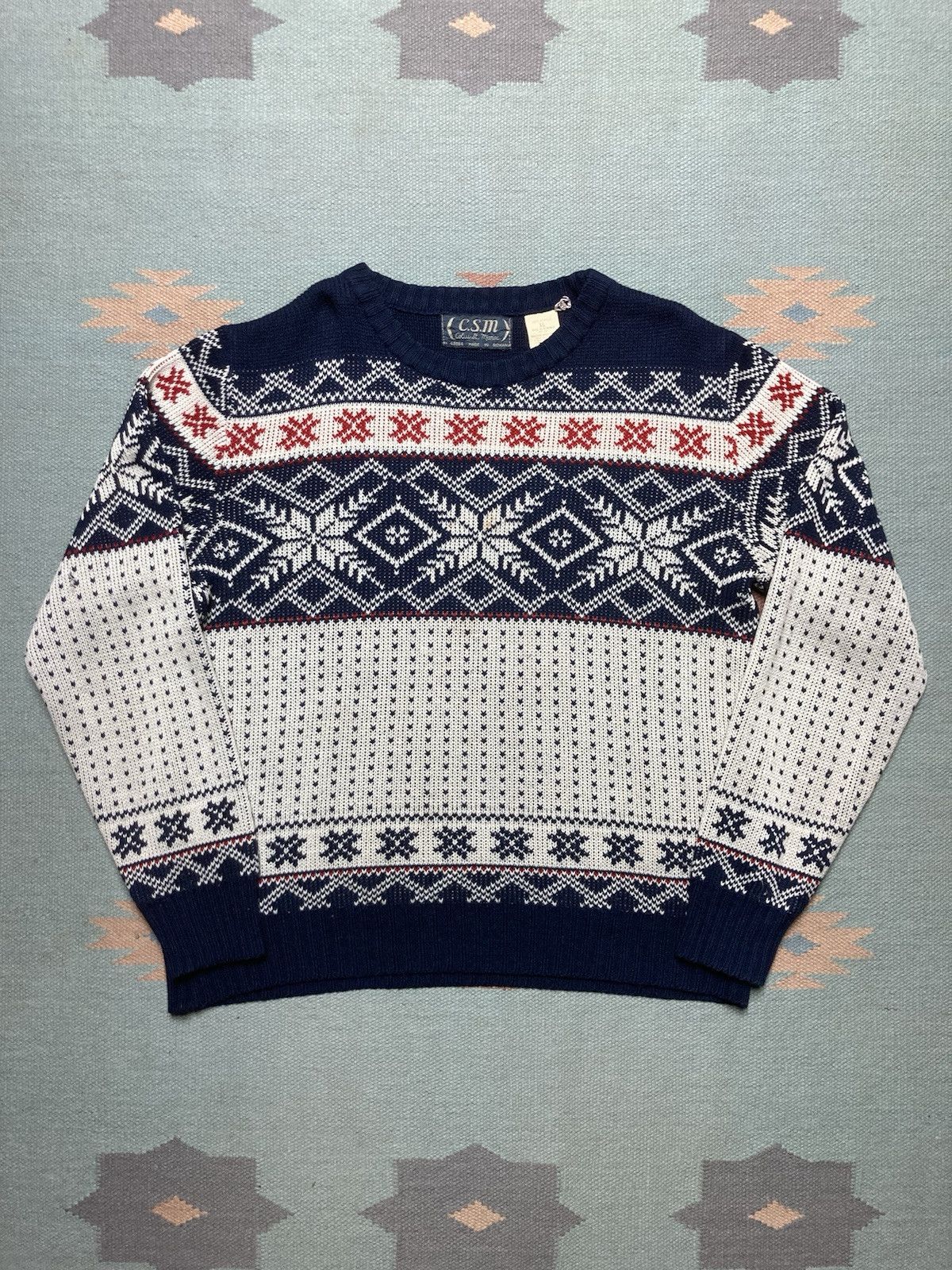 Vintage acrylic knit sweater snowflake Birds Eye fair isle Nordic XL Size US XL / EU 56 / 4 - 1 Thumbnail