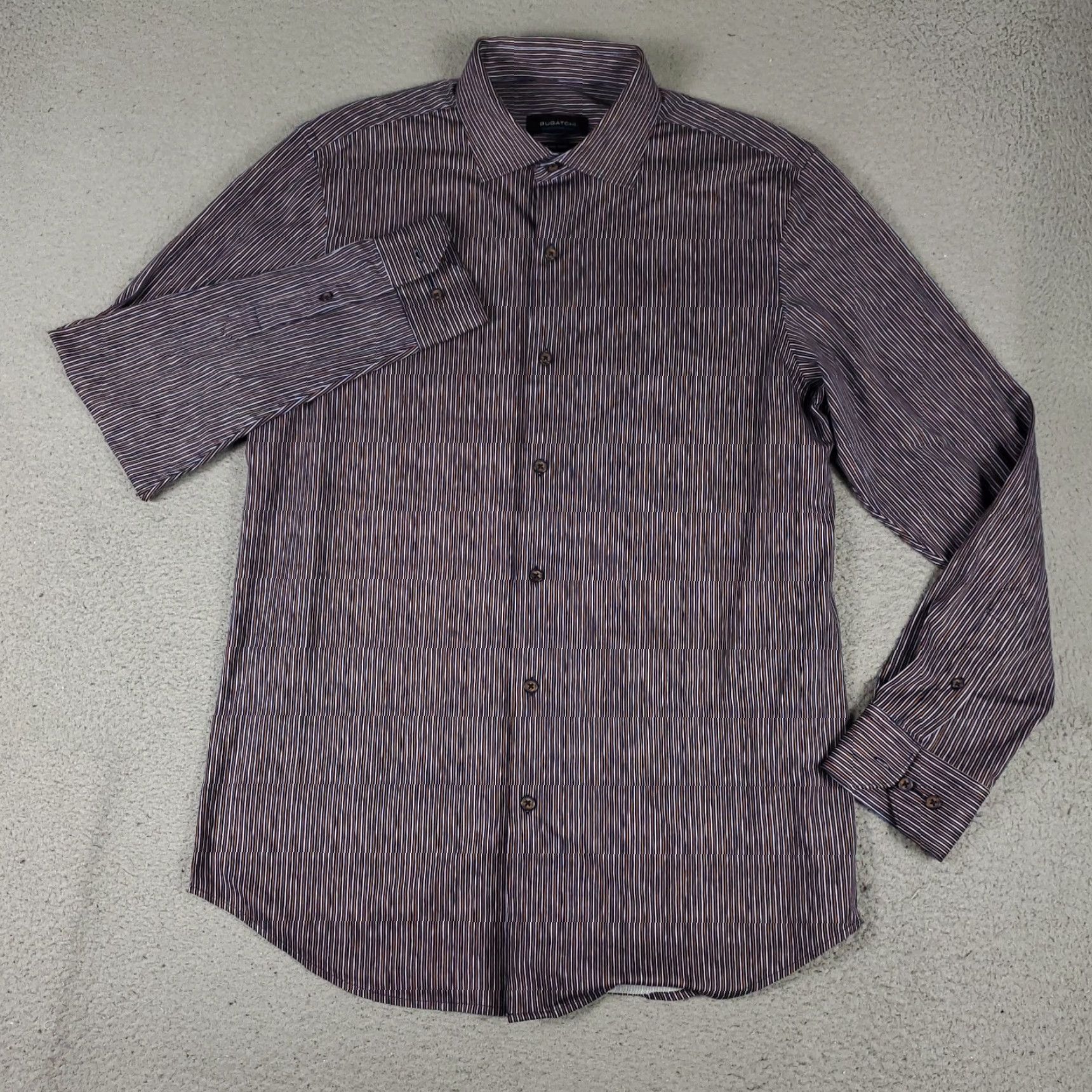 BUGATCHI Bugatchi Shirt Mens Medium Purple Striped Stretch Button Up Long Sleeve Size US M / EU 48-50 / 2 - 2 Thumbnail