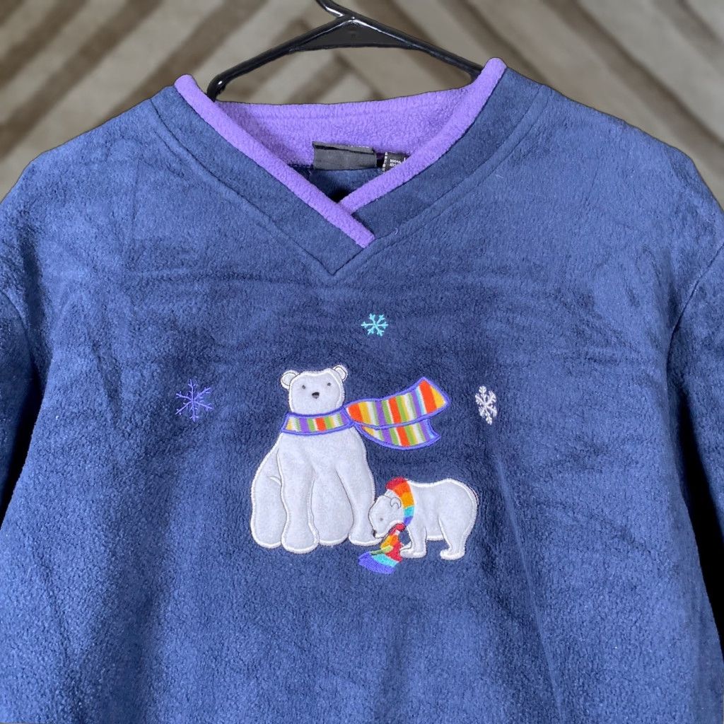 Croft & Barrow VINTAGE Croft & Barrow Sport Womens Sweater Blue Polar Bear V-Neck Large Knit Pullover Winter Size L / US 10 / IT 46 - 1 Thumbnail