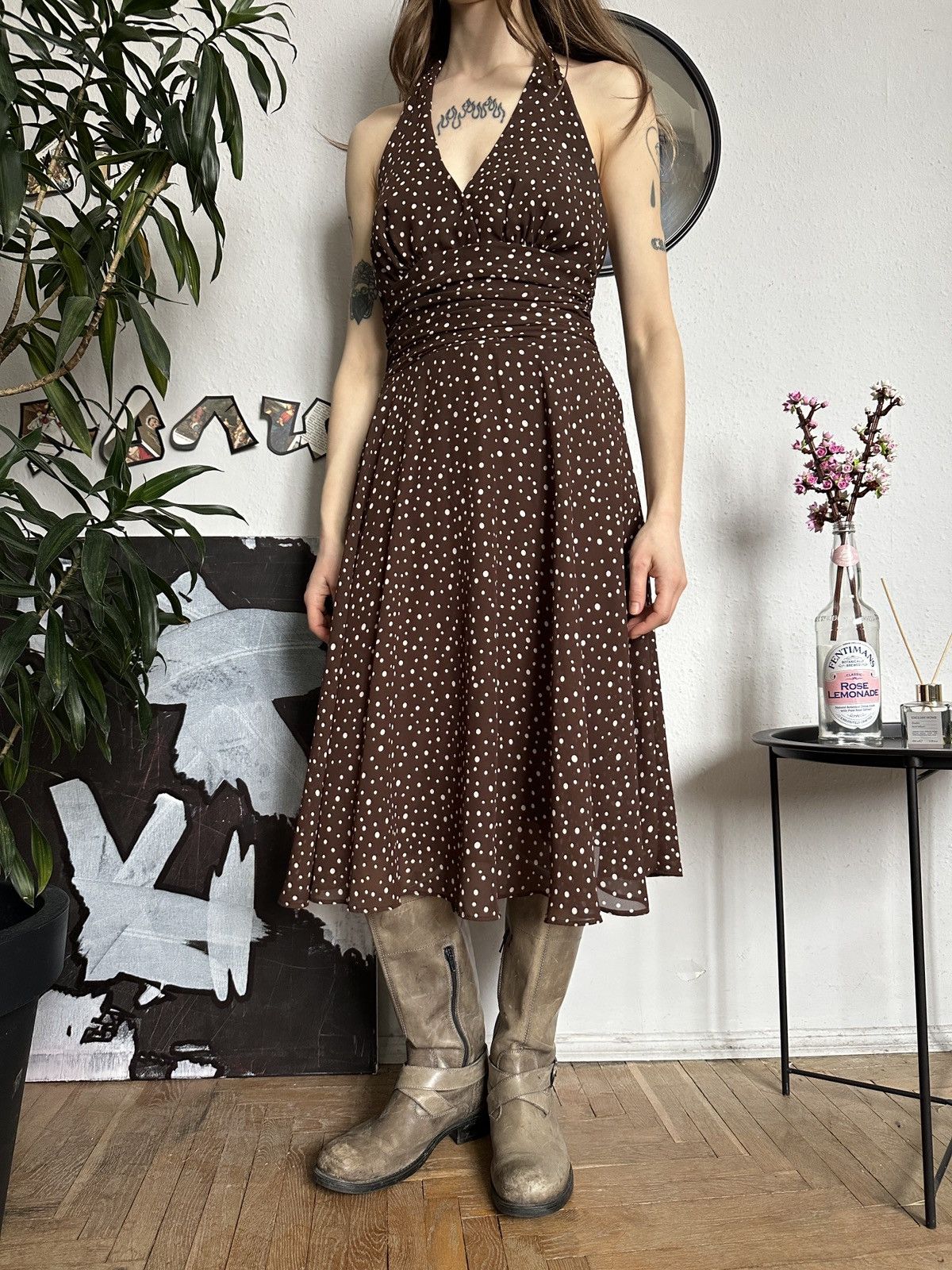 Vintage Vintage Polka dot Sexy Halter Midi Dress Cottage Size L / US 10 / IT 46 - 6 Thumbnail