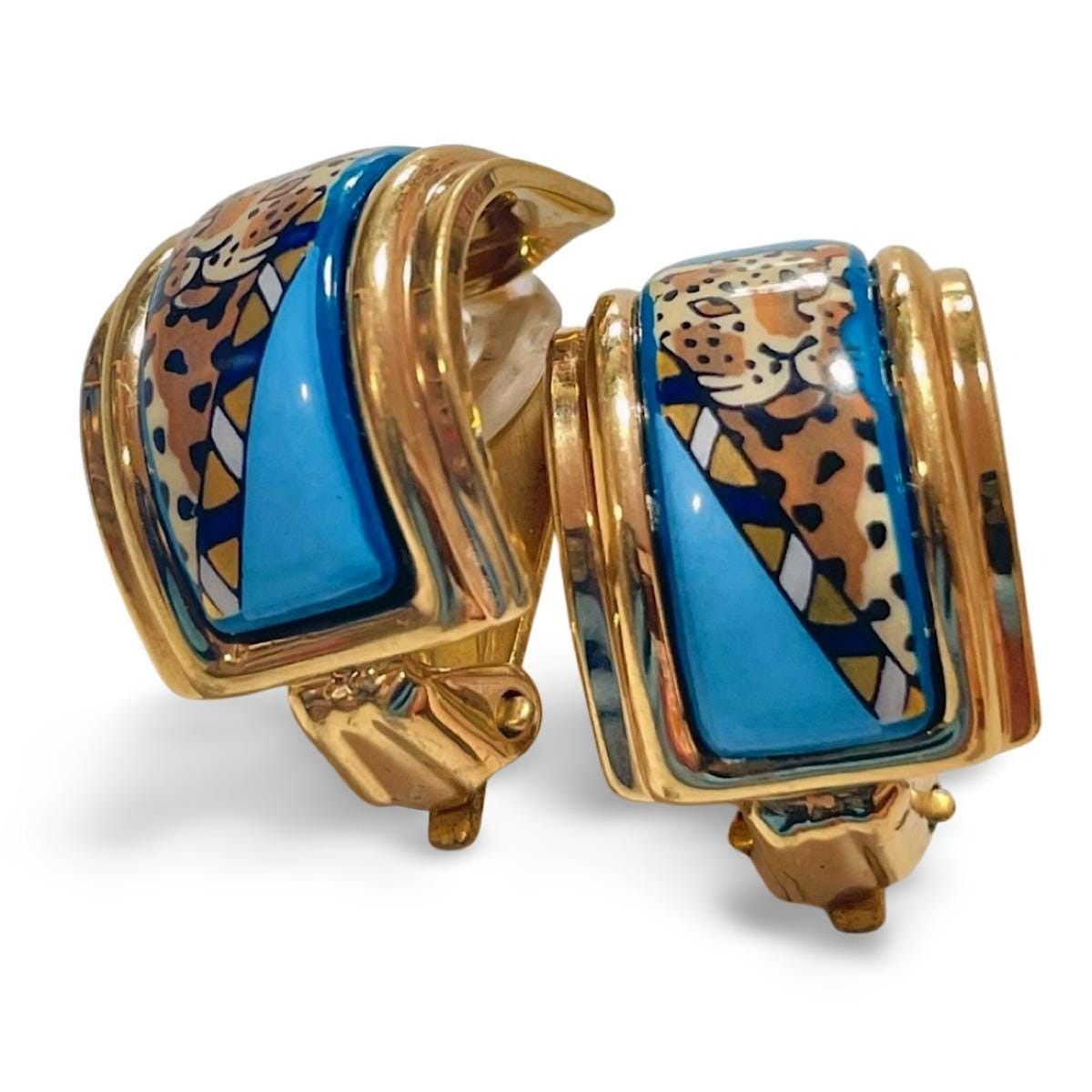 Vintage Hermes blue cloisonne enamel earrings with panther