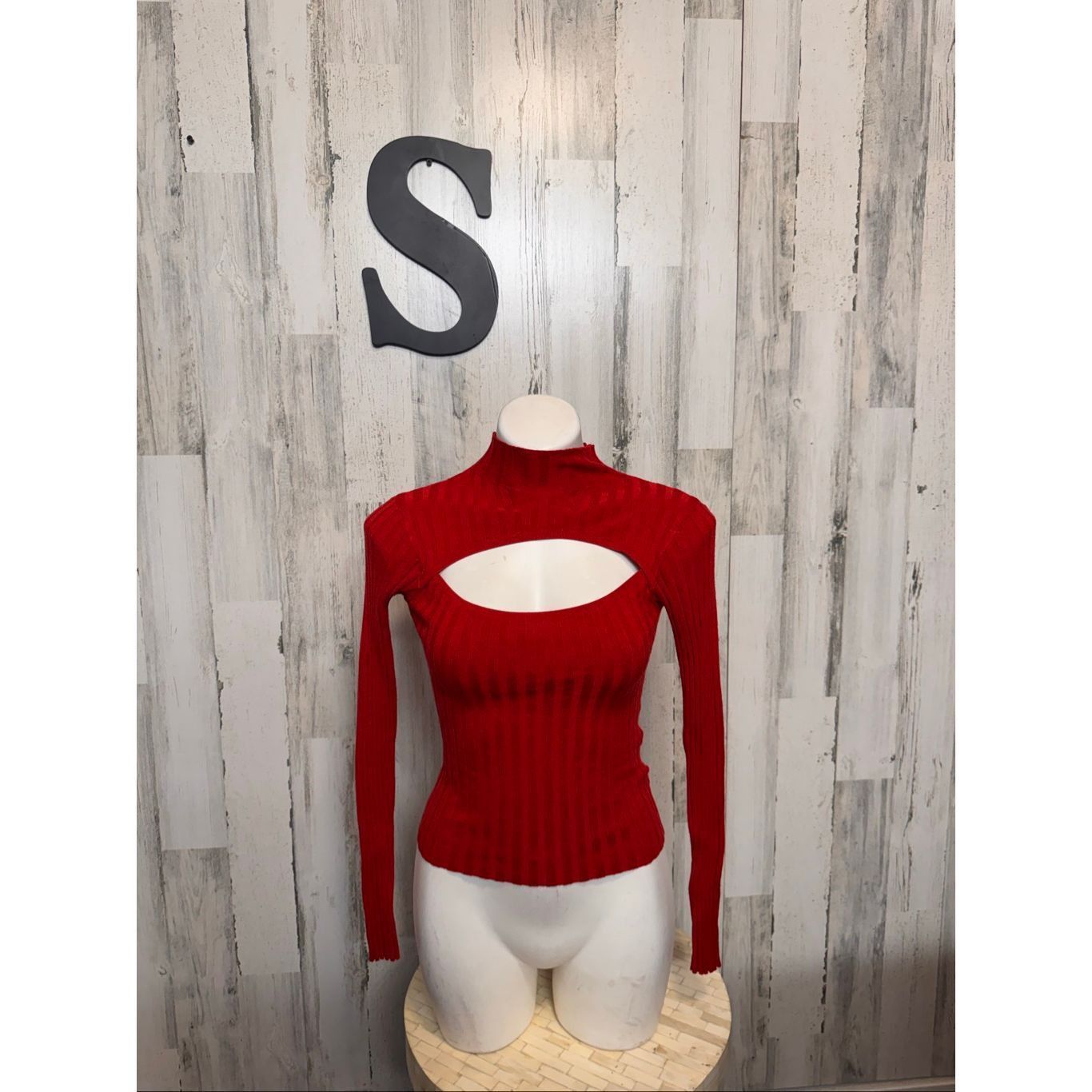 H&M H&M Divided Candy Red Ribbed Knit Mock Neck Cutout Chest Lon Size S / US 4 / IT 40 - 1 Thumbnail