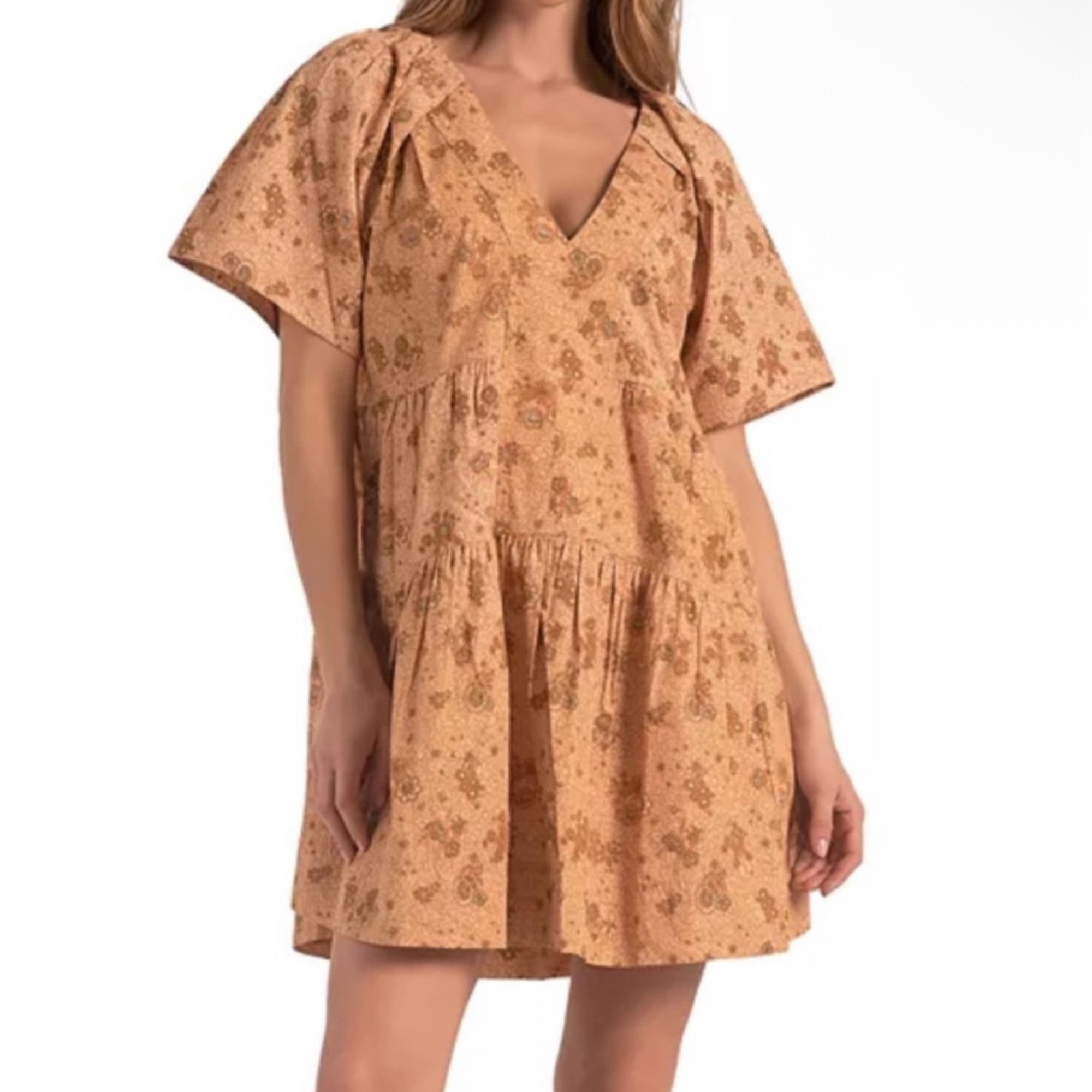 ELAN Elan Oversized Floral Mini Dress – Tan Folk floral, Size Sma Size S / US 4 / IT 40 - 1 Thumbnail