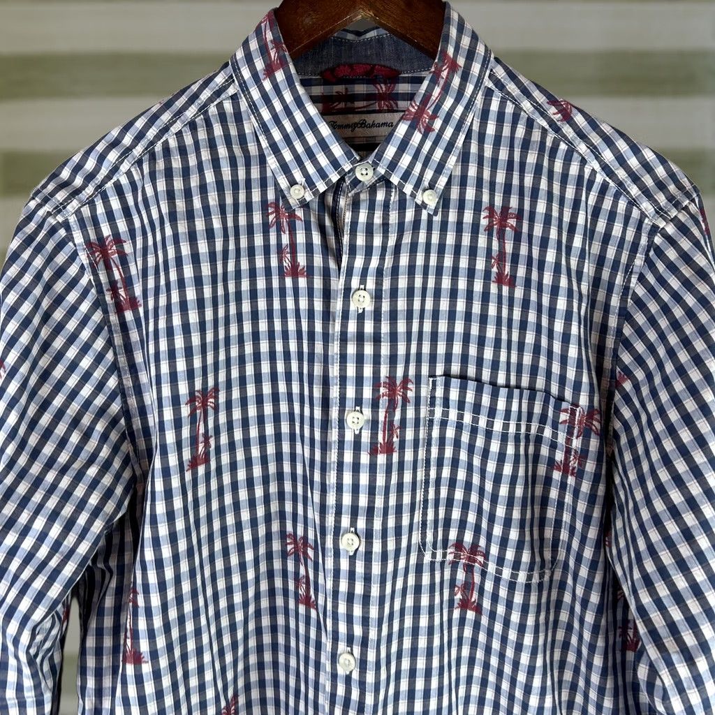 Tommy Bahama Tommy Bahama Shirt Mens S Blue White Gingham Palm Tree Button-Down Cotton Size US S / EU 44-46 / 1 - 1 Thumbnail